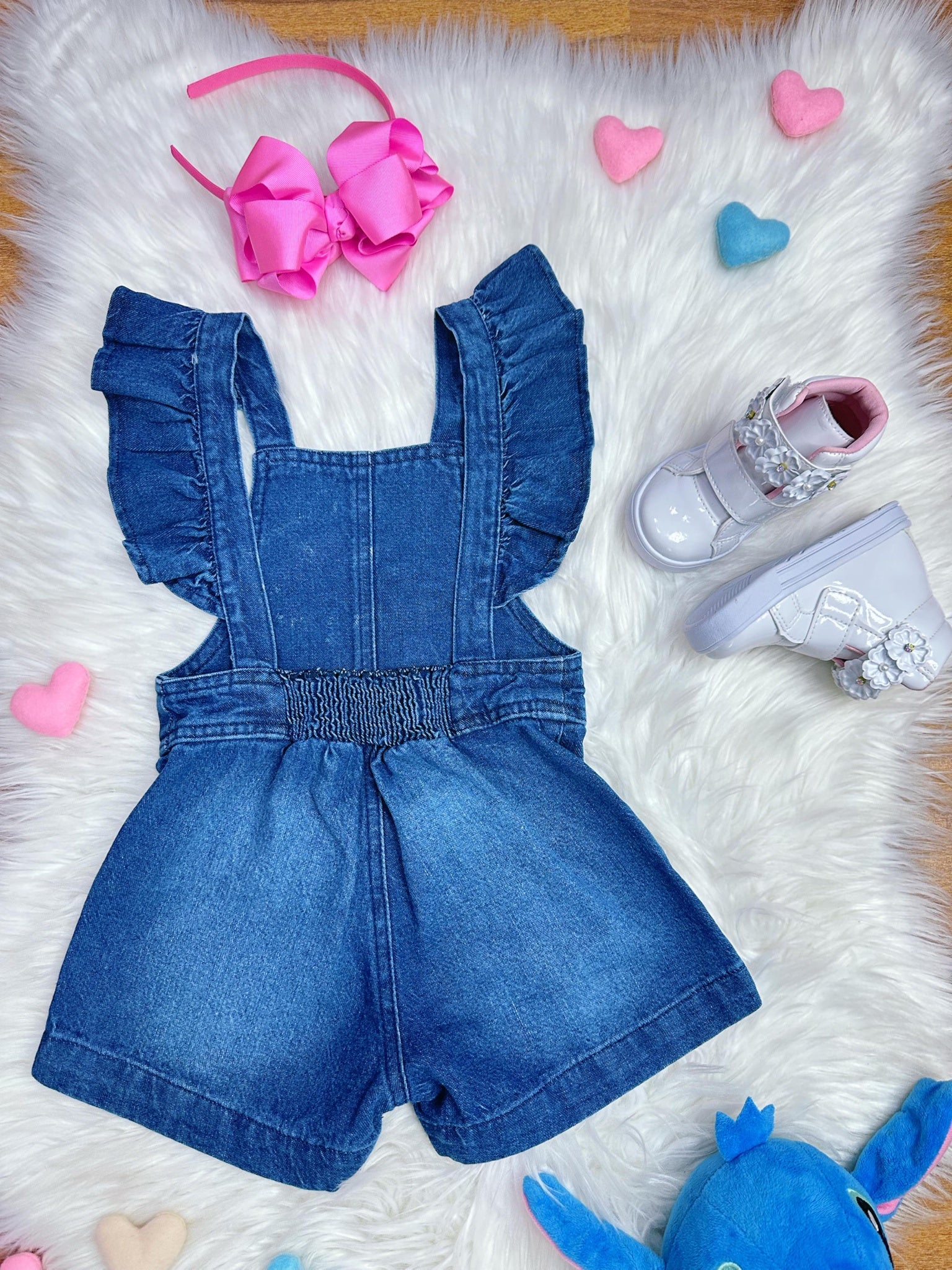 Macaquinho Jardineira Infantil Jeans Lilo e Stitch Luxo