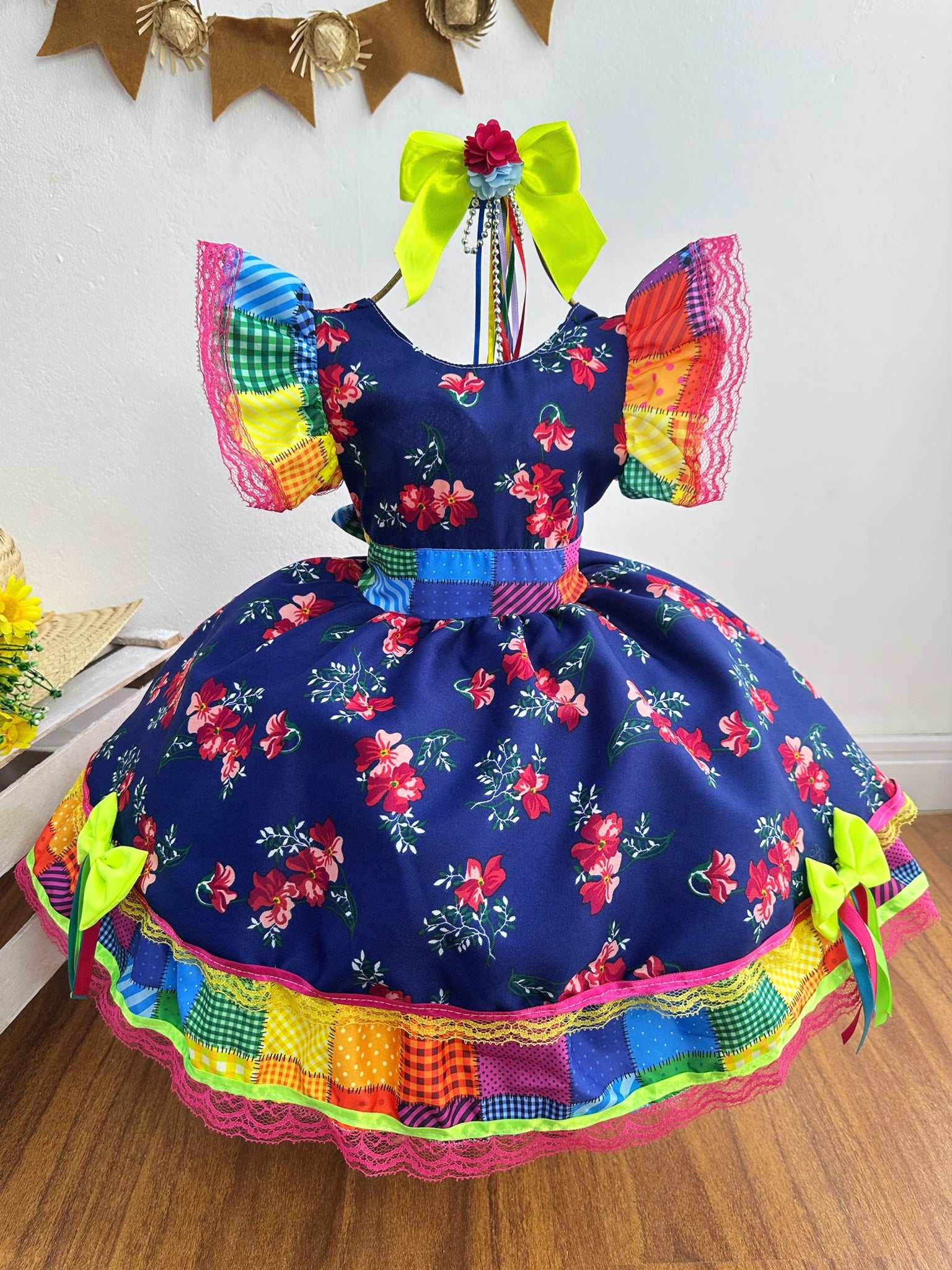 Vestido Infantil Luxo Junino Arraiá Azul Florido Colorido