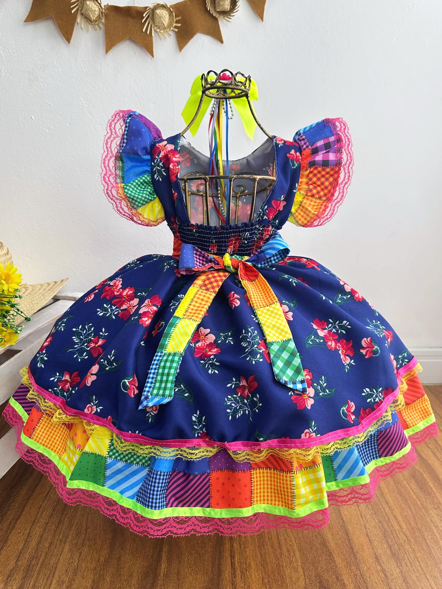 Vestido Infantil Luxo Junino Arraiá Azul Florido Colorido