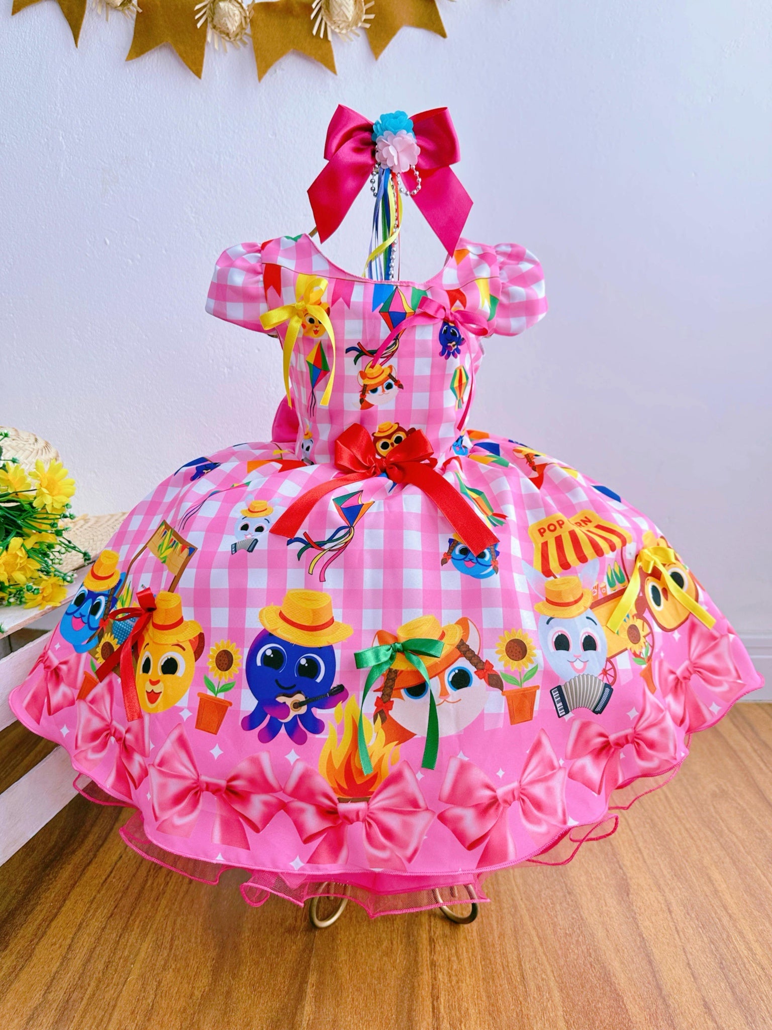 Vestido Infantil Junino Luxo Rosa Xadrez Bolofofos