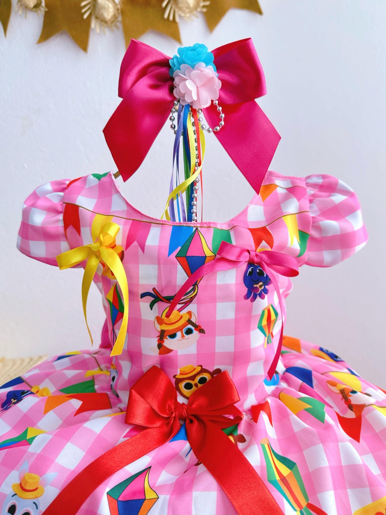 Vestido Infantil Junino Luxo Rosa Xadrez Bolofofos