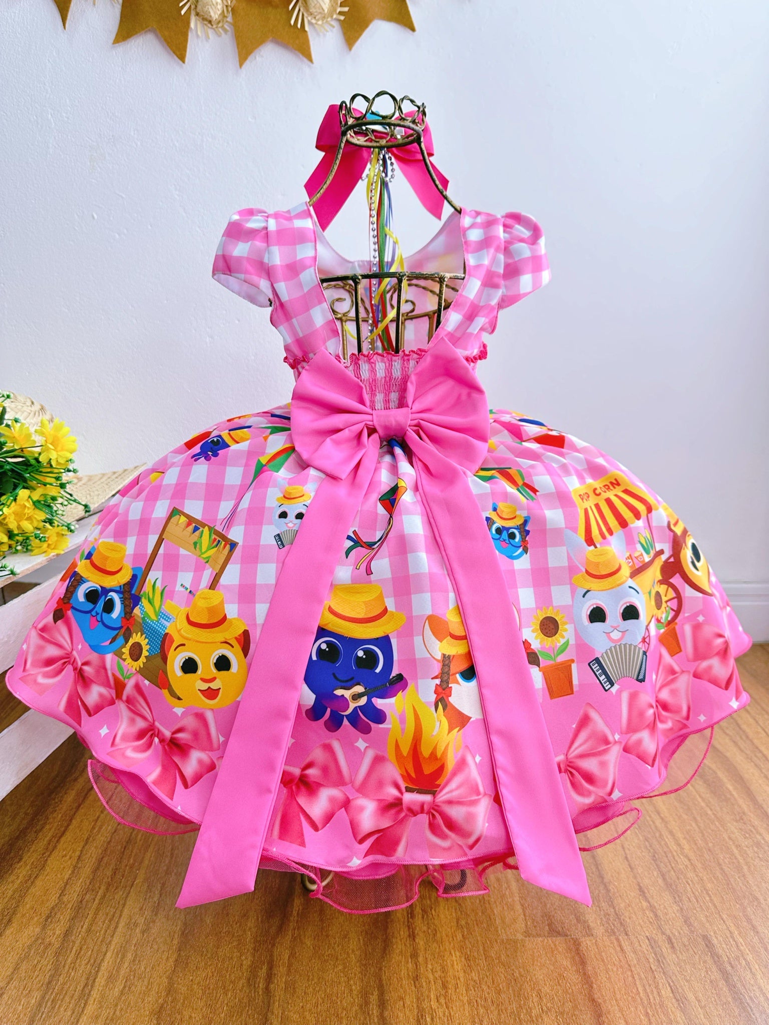 Vestido Infantil Junino Luxo Rosa Xadrez Bolofofos