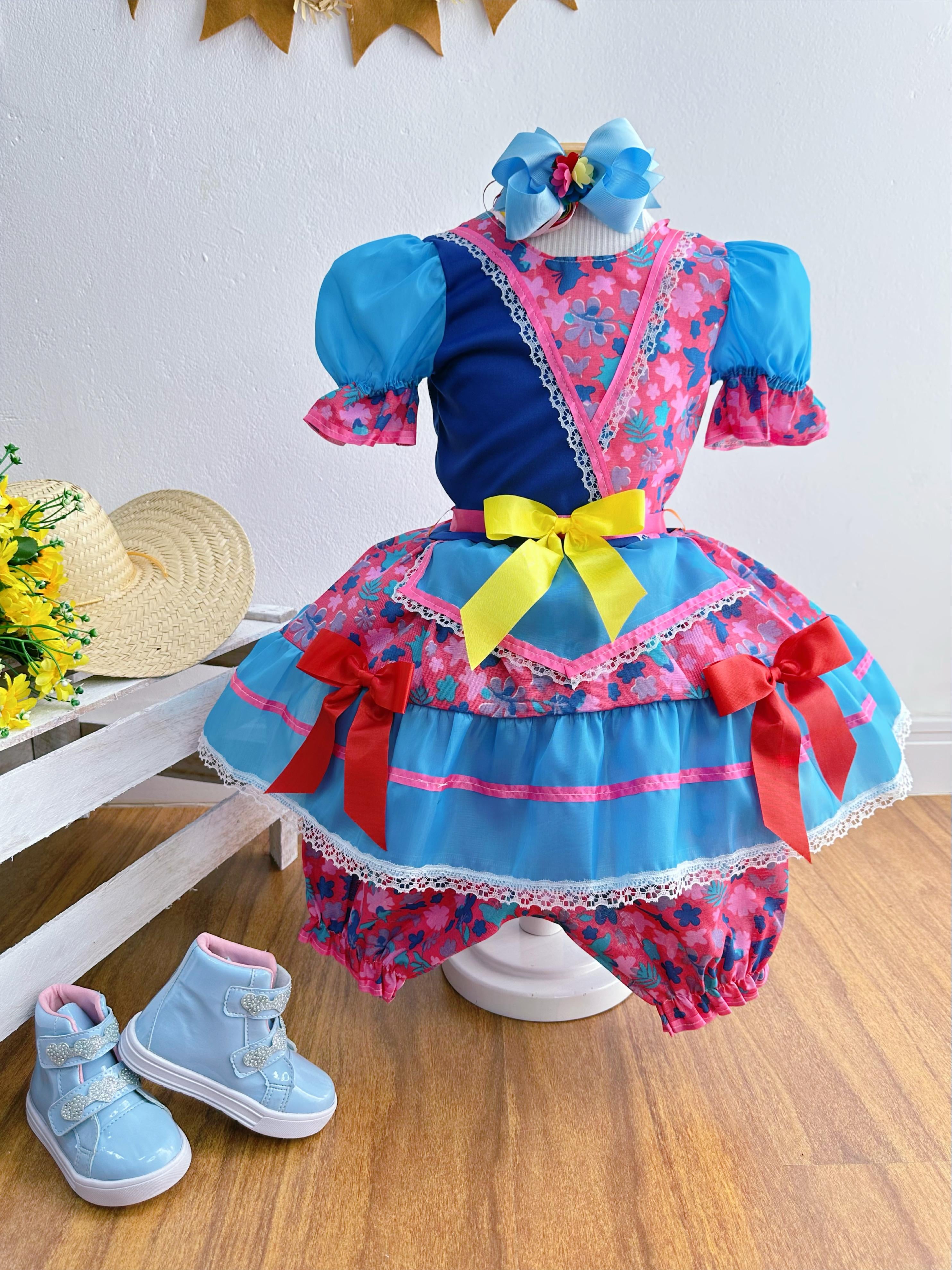 Fantasia Infantil Junino Azul e Rosa Com Flores Coloridas