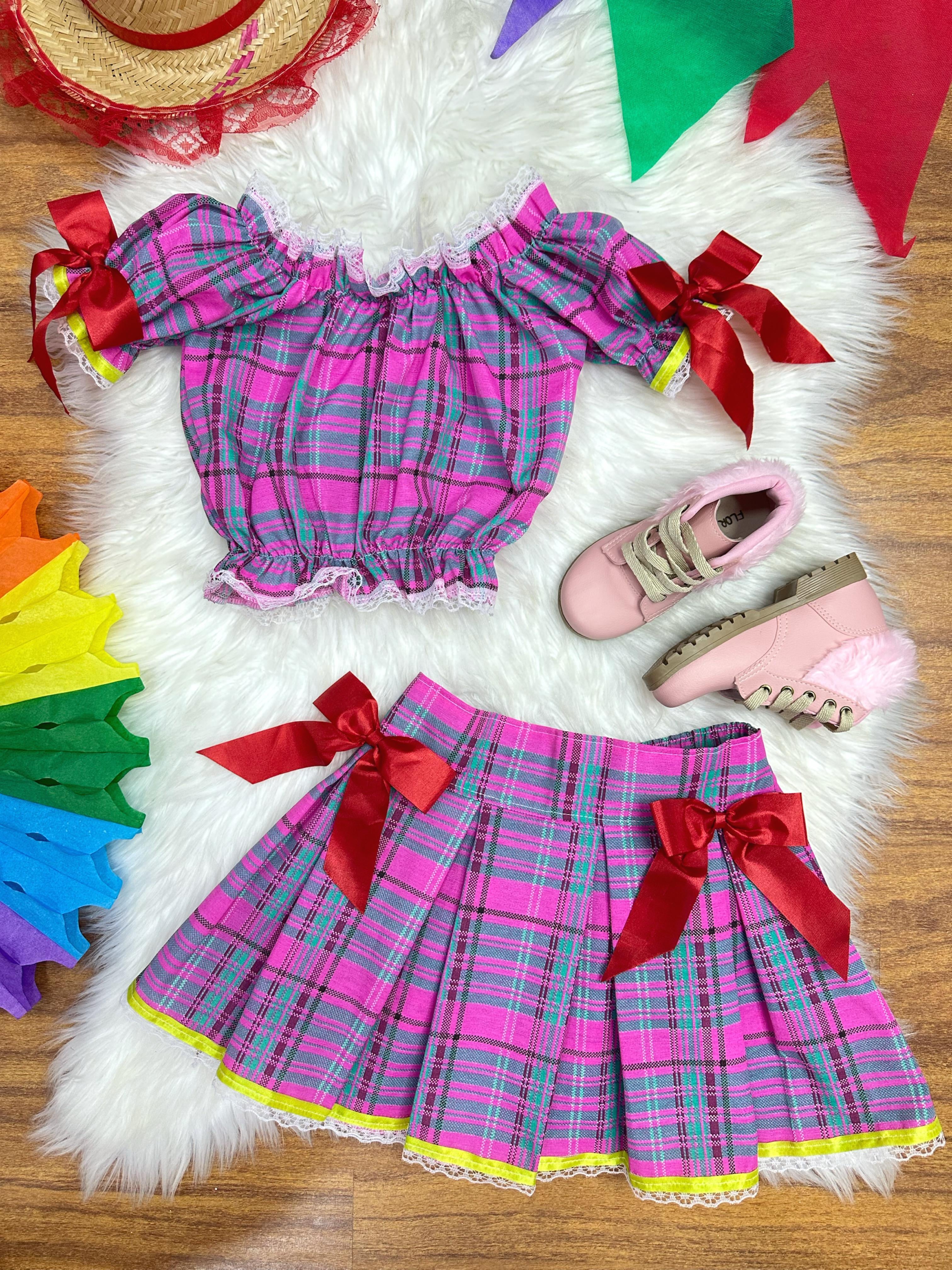Conjunto Infantil Junino Ciganinha Rosa Chiclete Xadrez Colorido