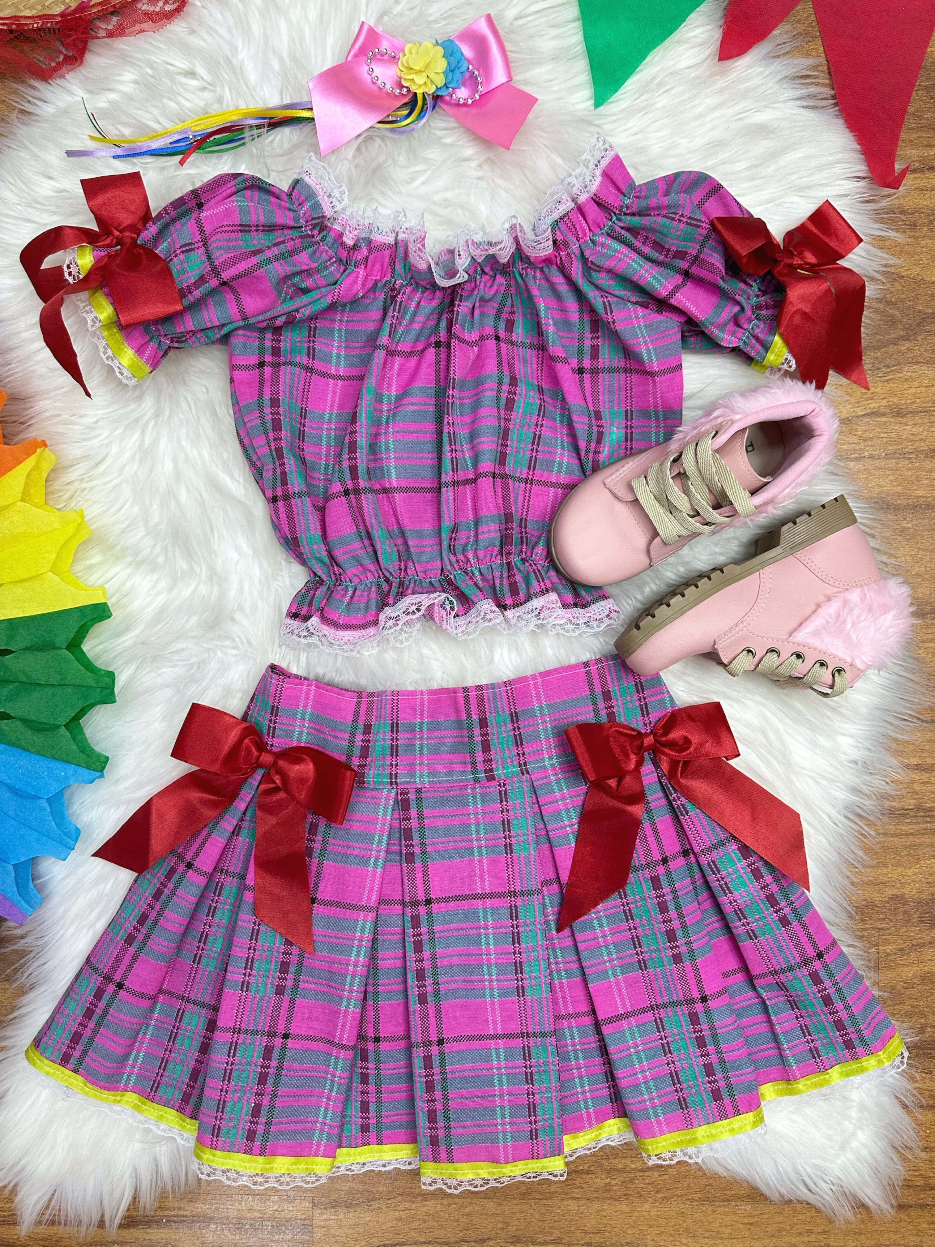 Conjunto Infantil Junino Ciganinha Rosa Chiclete Xadrez Colorido