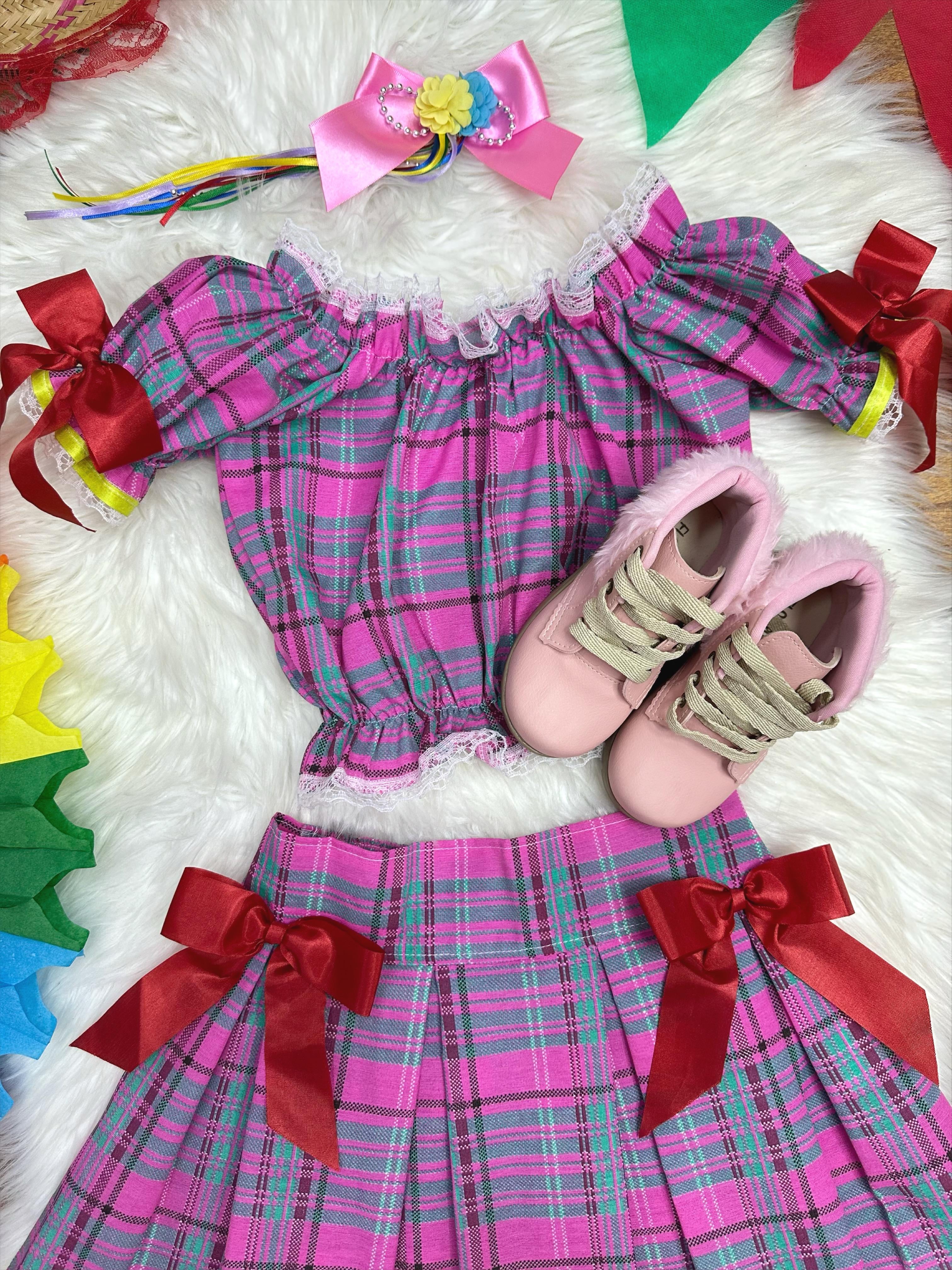 Conjunto Infantil Junino Ciganinha Rosa Chiclete Xadrez Colorido