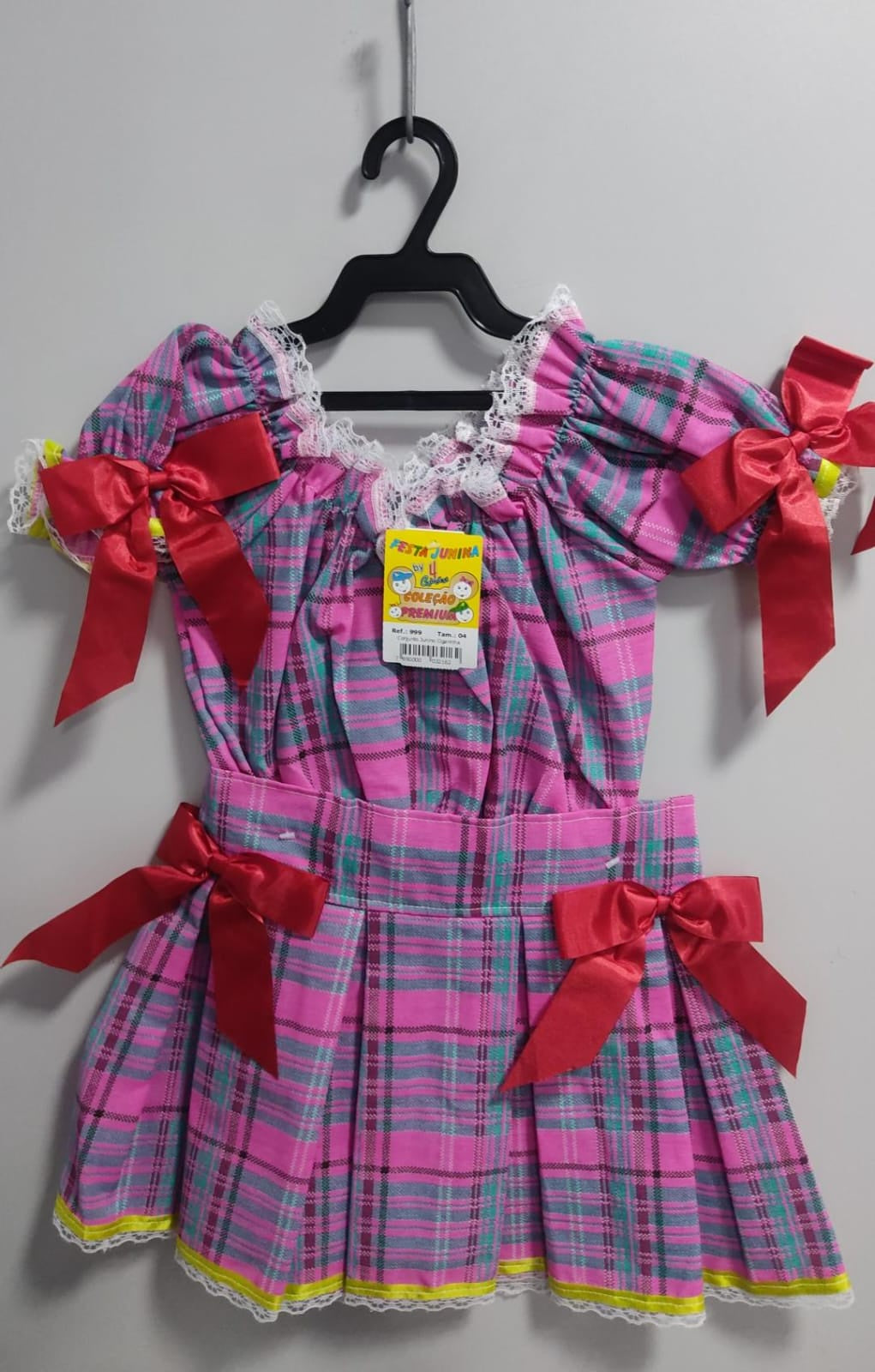 Conjunto Infantil Junino Ciganinha Rosa Chiclete Xadrez Colorido