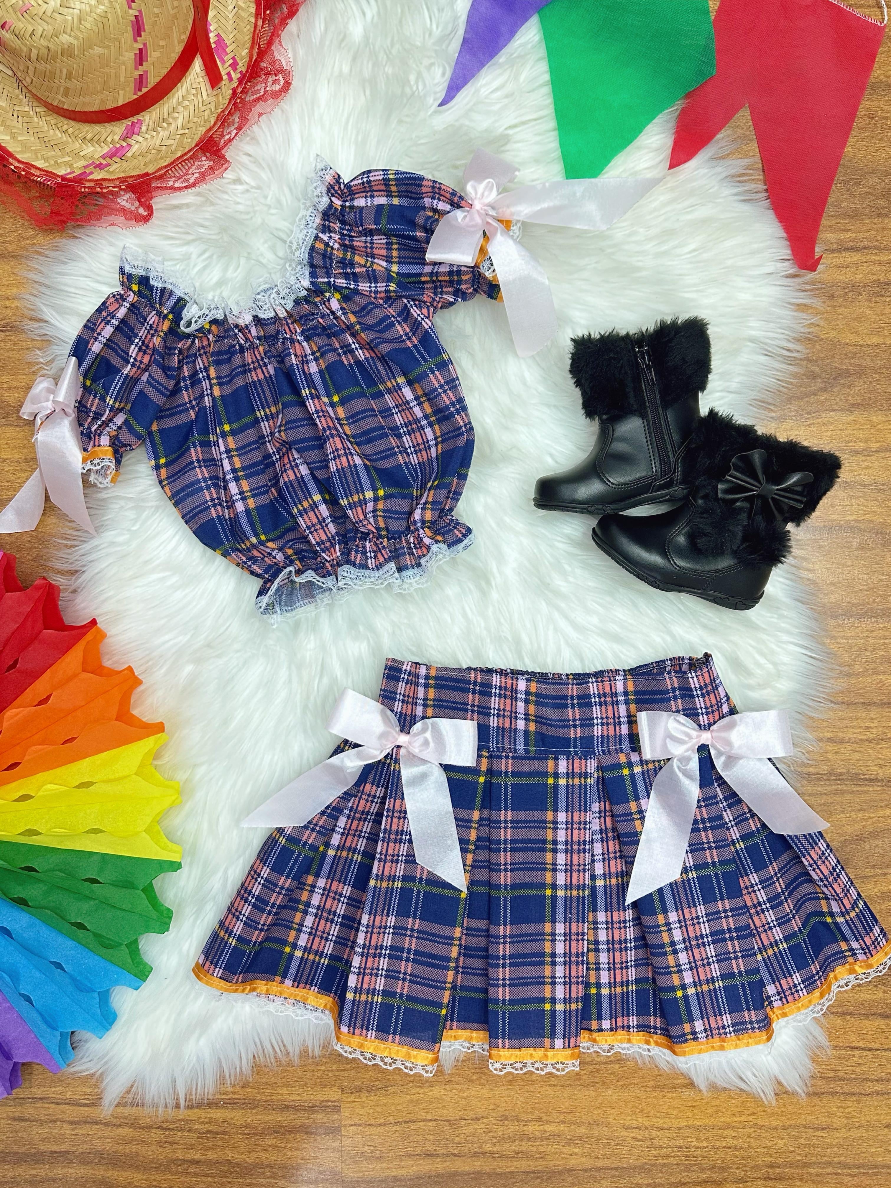 Conjunto Infantil Junino Ciganinha Azul Escuro Xadrez Colorido
