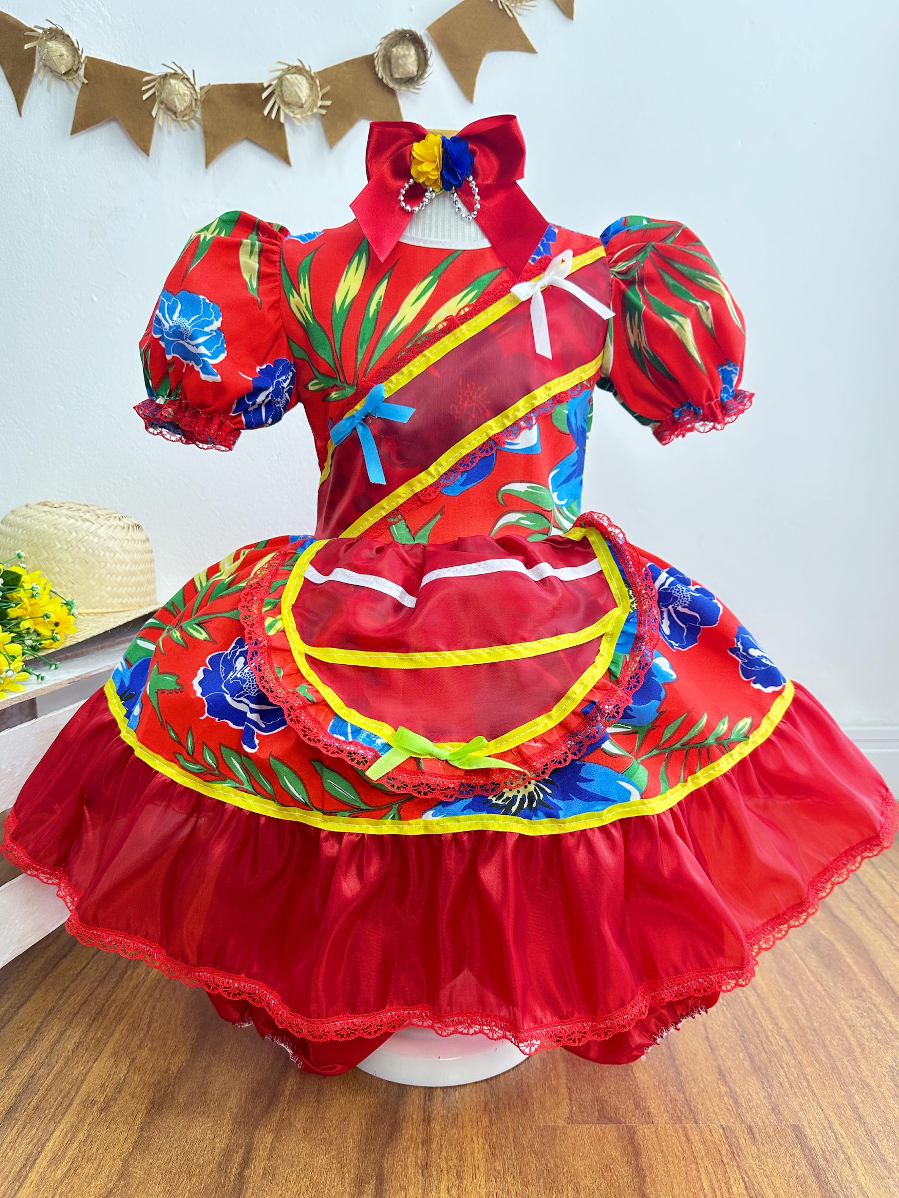 Fantasia Infantil Junino Festas Vermelho Florzinhas Coloridas