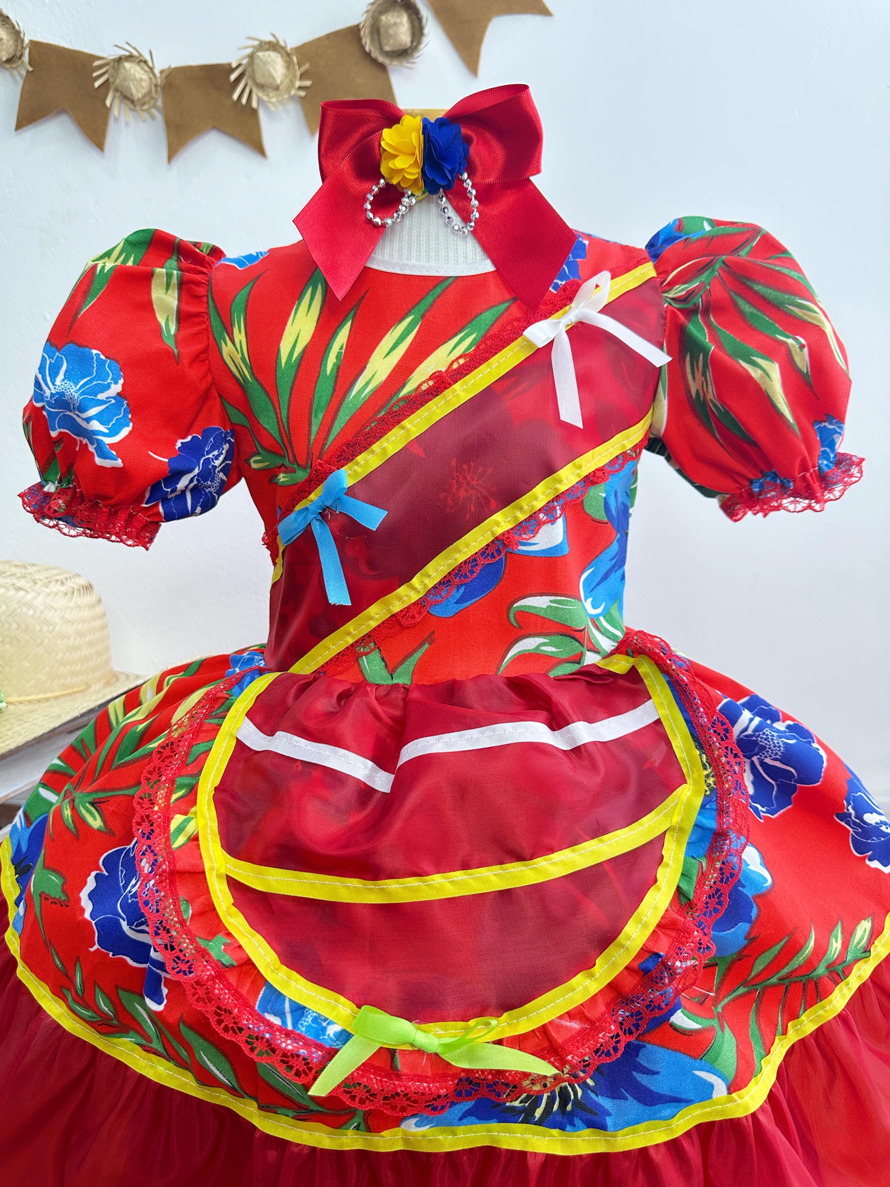 Fantasia Infantil Junino Festas Vermelho Florzinhas Coloridas