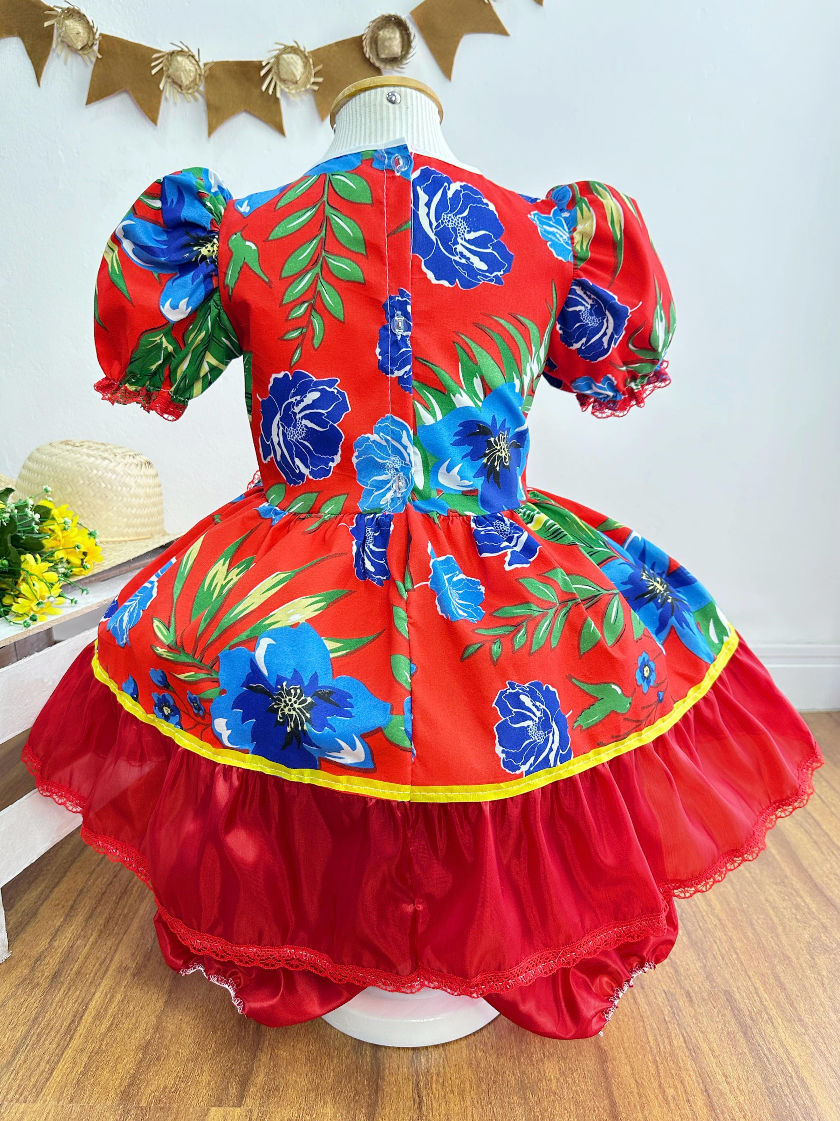 Fantasia Infantil Junino Festas Vermelho Florzinhas Coloridas