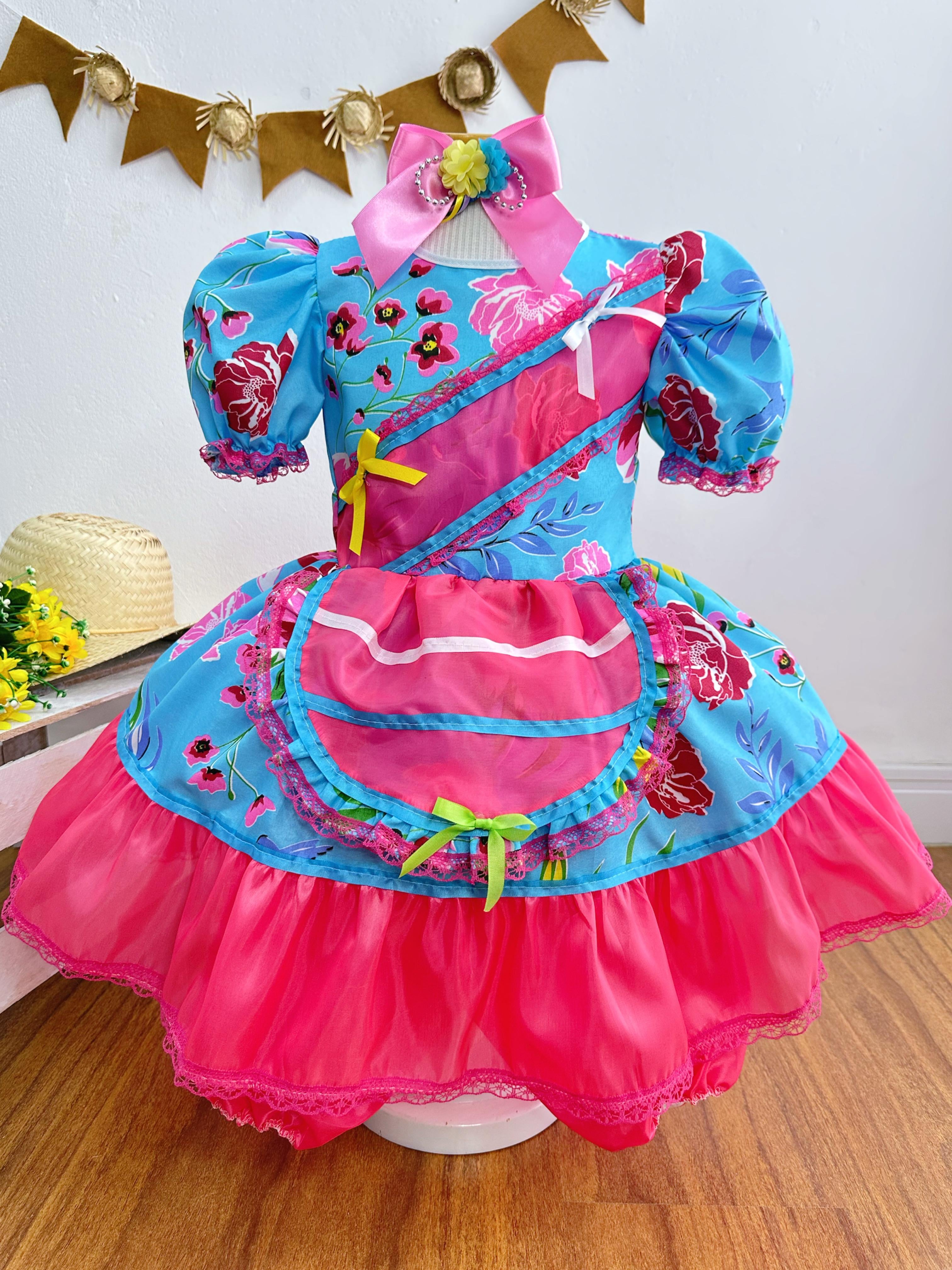 Fantasia Infantil Junino Festas Azul Florzinhas Coloridas