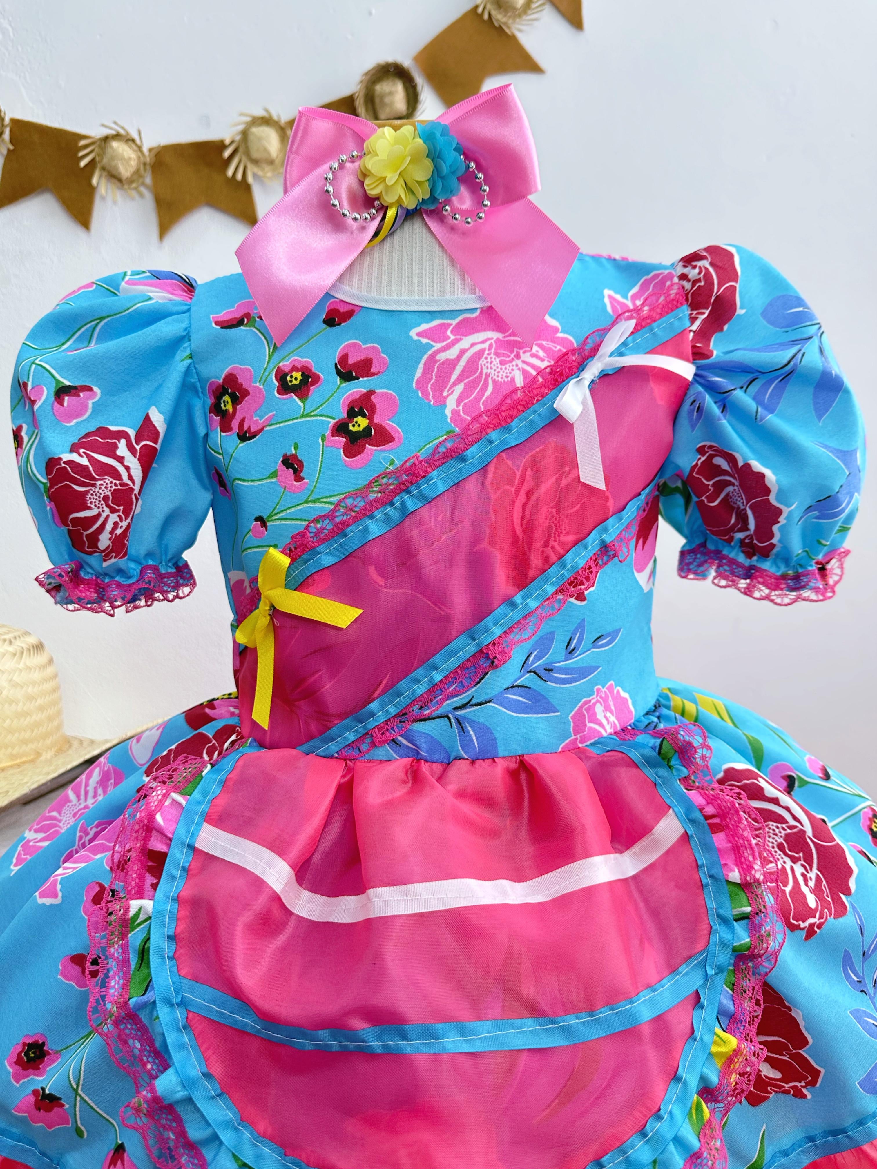 Fantasia Infantil Junino Festas Azul Florzinhas Coloridas