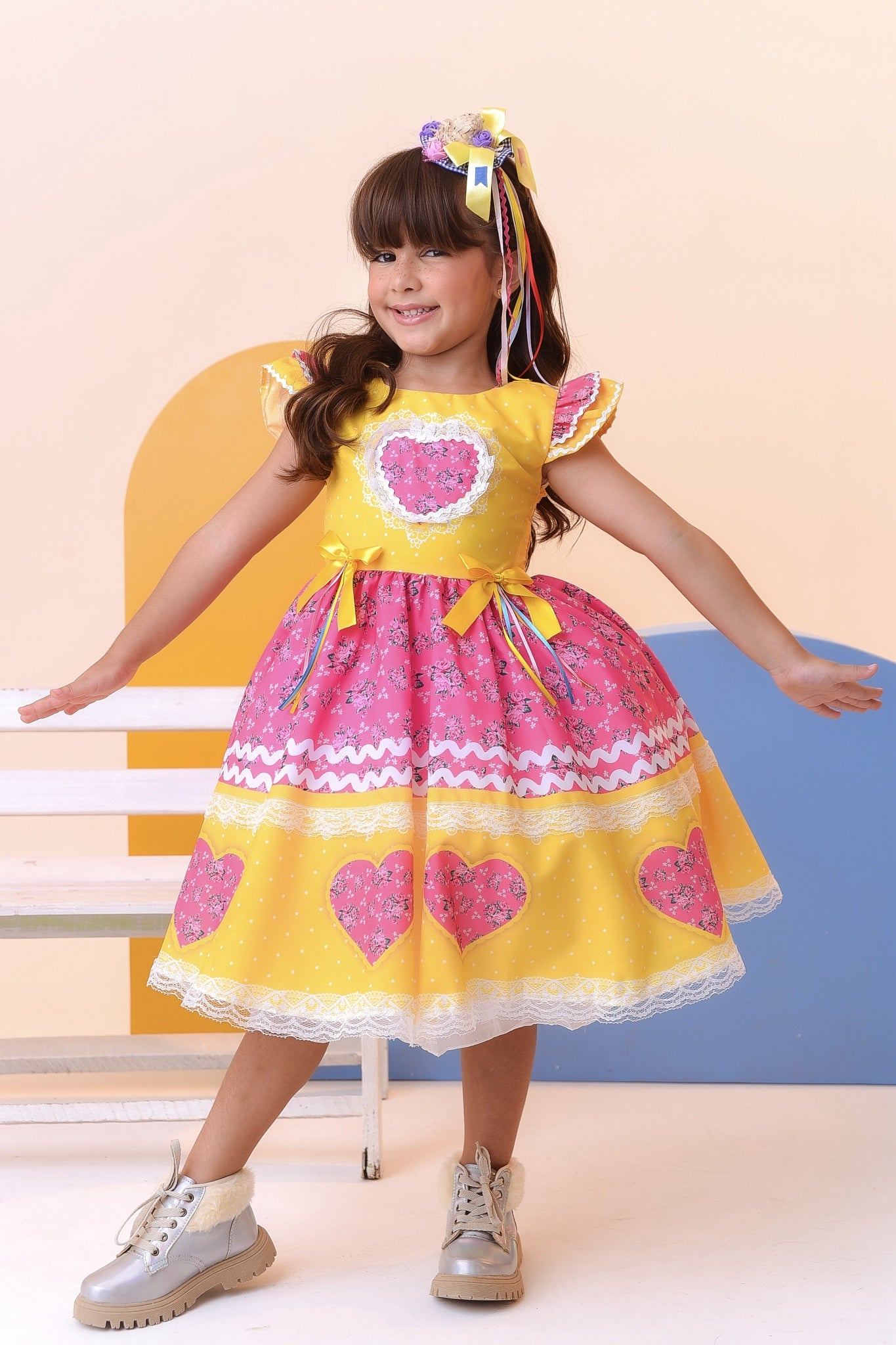 Fantasia Infantil Junino Amarelo Colorido Luxo Festas
