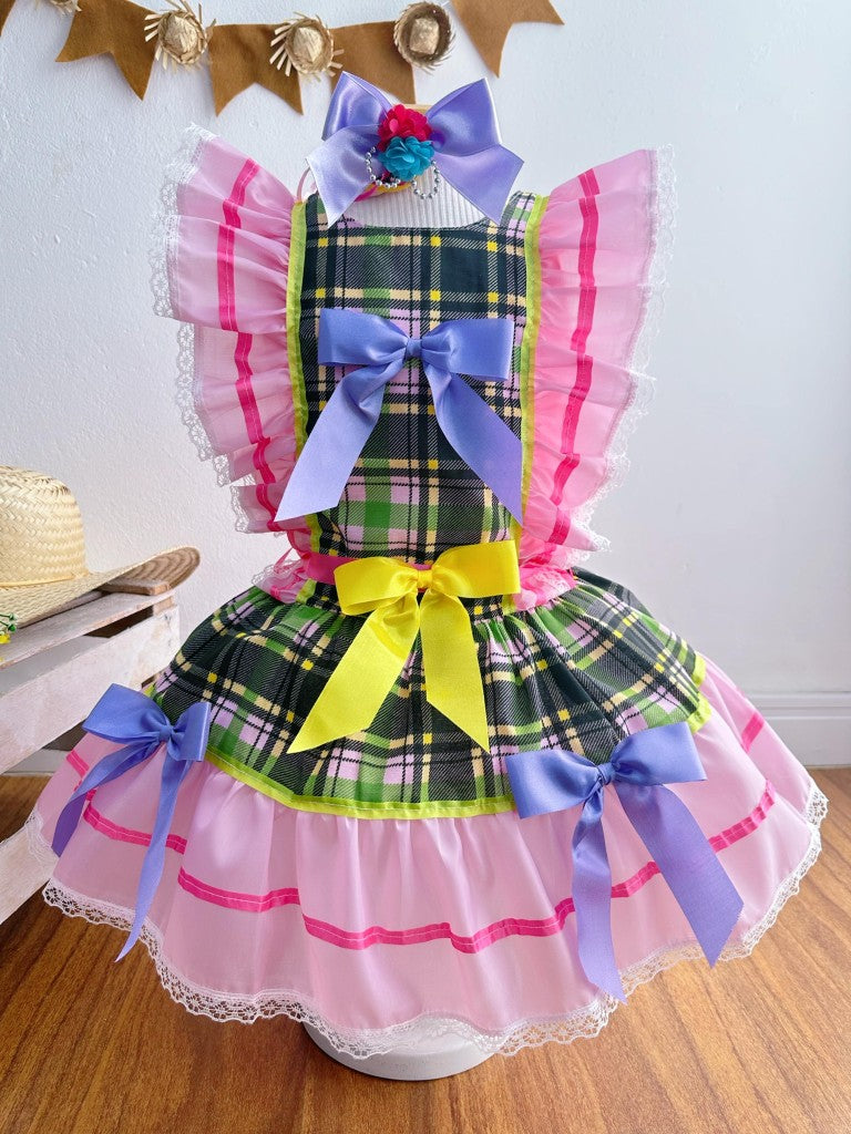 Vestido Infantil Junino Rosa Xadrez Colorido Festas