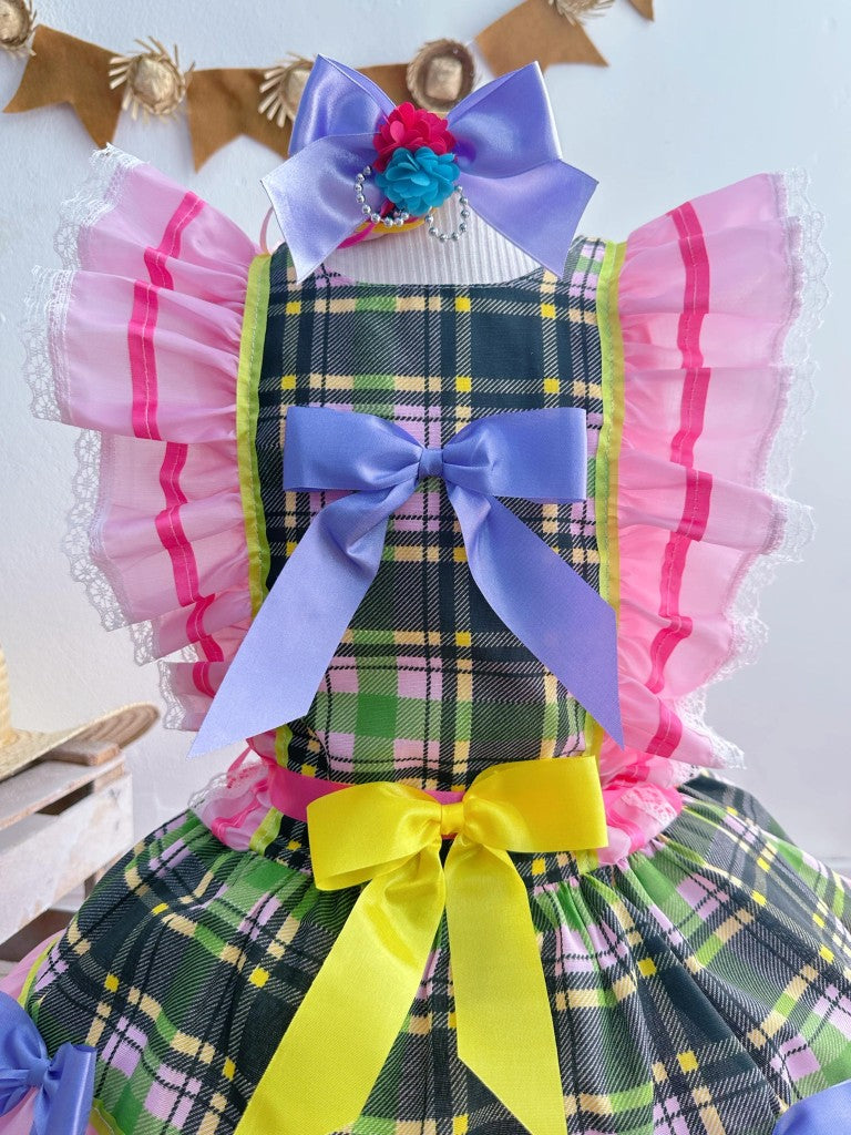 Vestido Infantil Junino Rosa Xadrez Colorido Festas