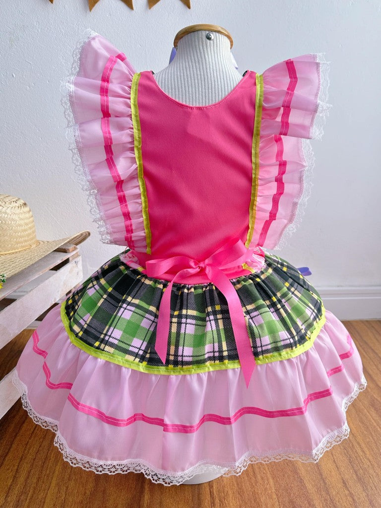 Vestido Infantil Junino Rosa Xadrez Colorido Festas