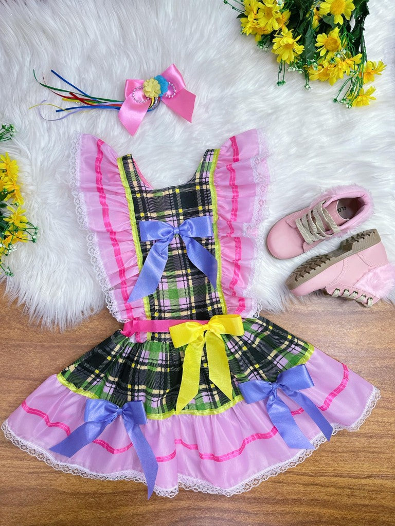 Vestido Infantil Junino Rosa Xadrez Colorido Festas