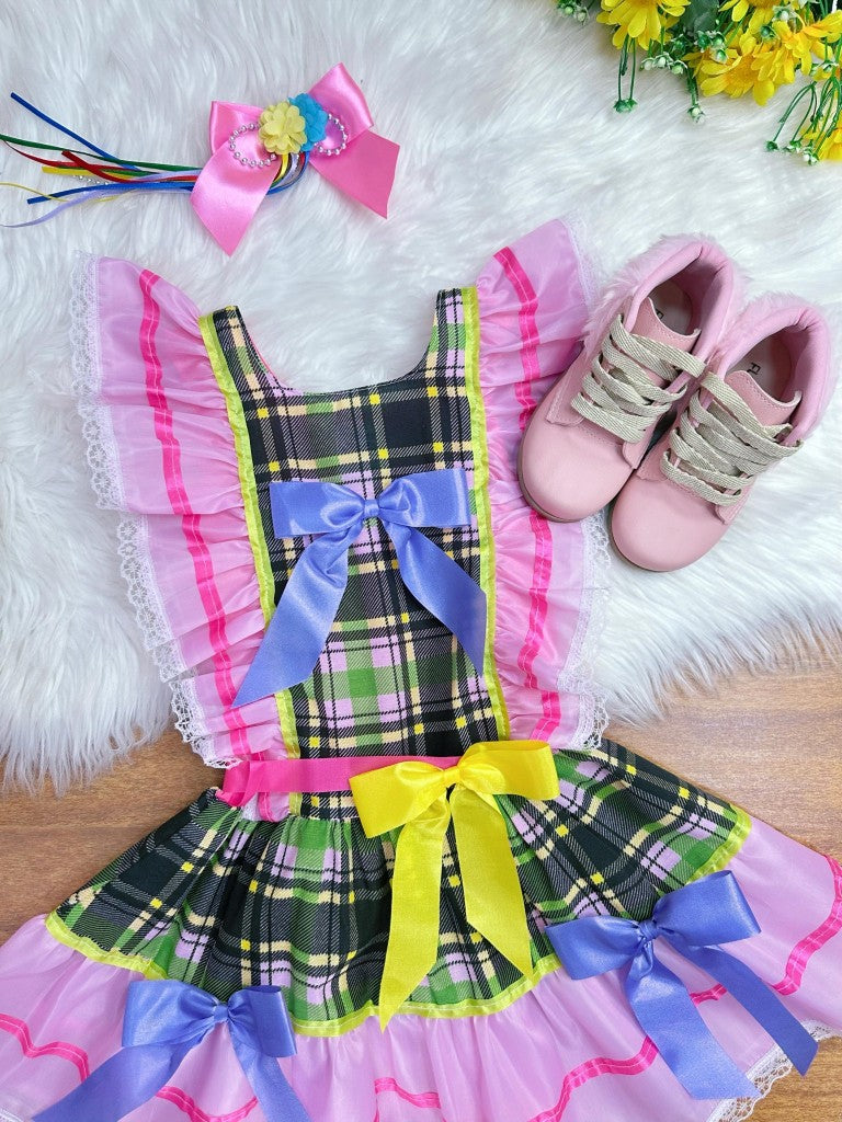 Vestido Infantil Junino Rosa Xadrez Colorido Festas