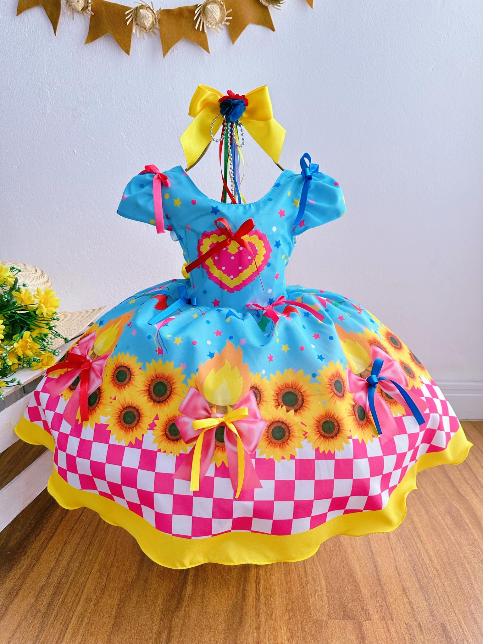 Vestido Infantil Junino Luxo Azul Girassol Colorido