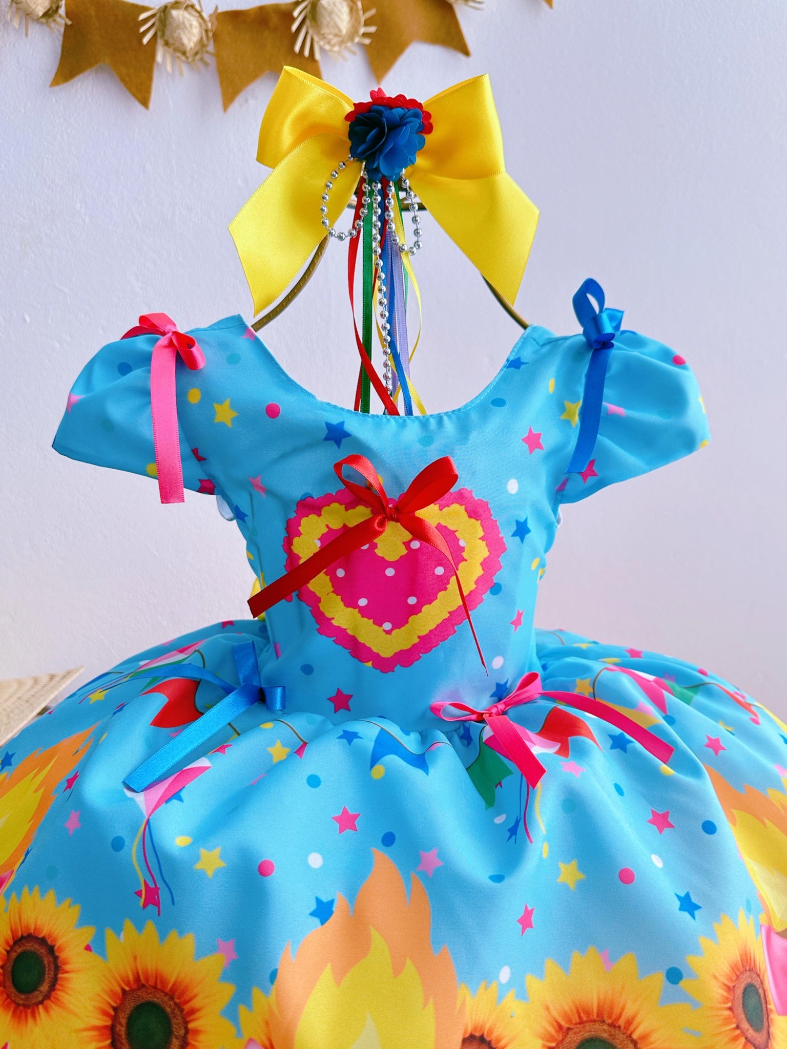 Vestido Infantil Junino Luxo Azul Girassol Colorido