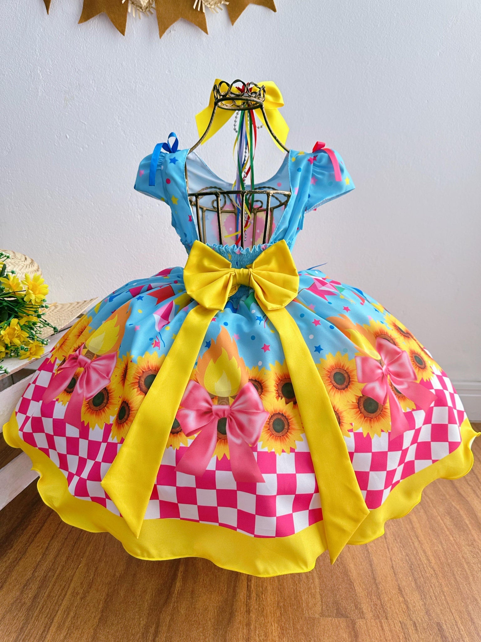Vestido Infantil Junino Luxo Azul Girassol Colorido