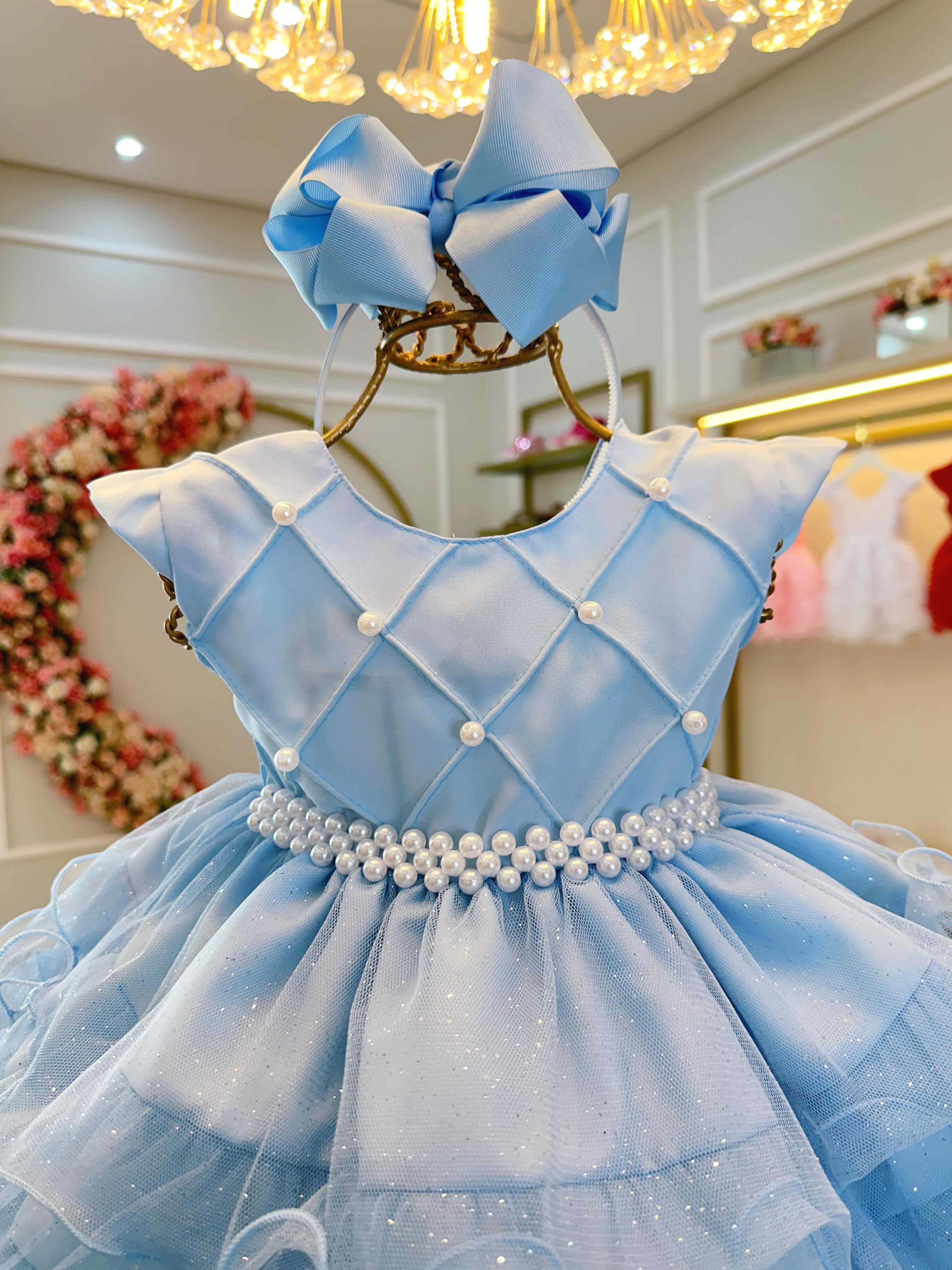Vestido Infantil Batizado Azul Claro Saia Com Babados Luxo