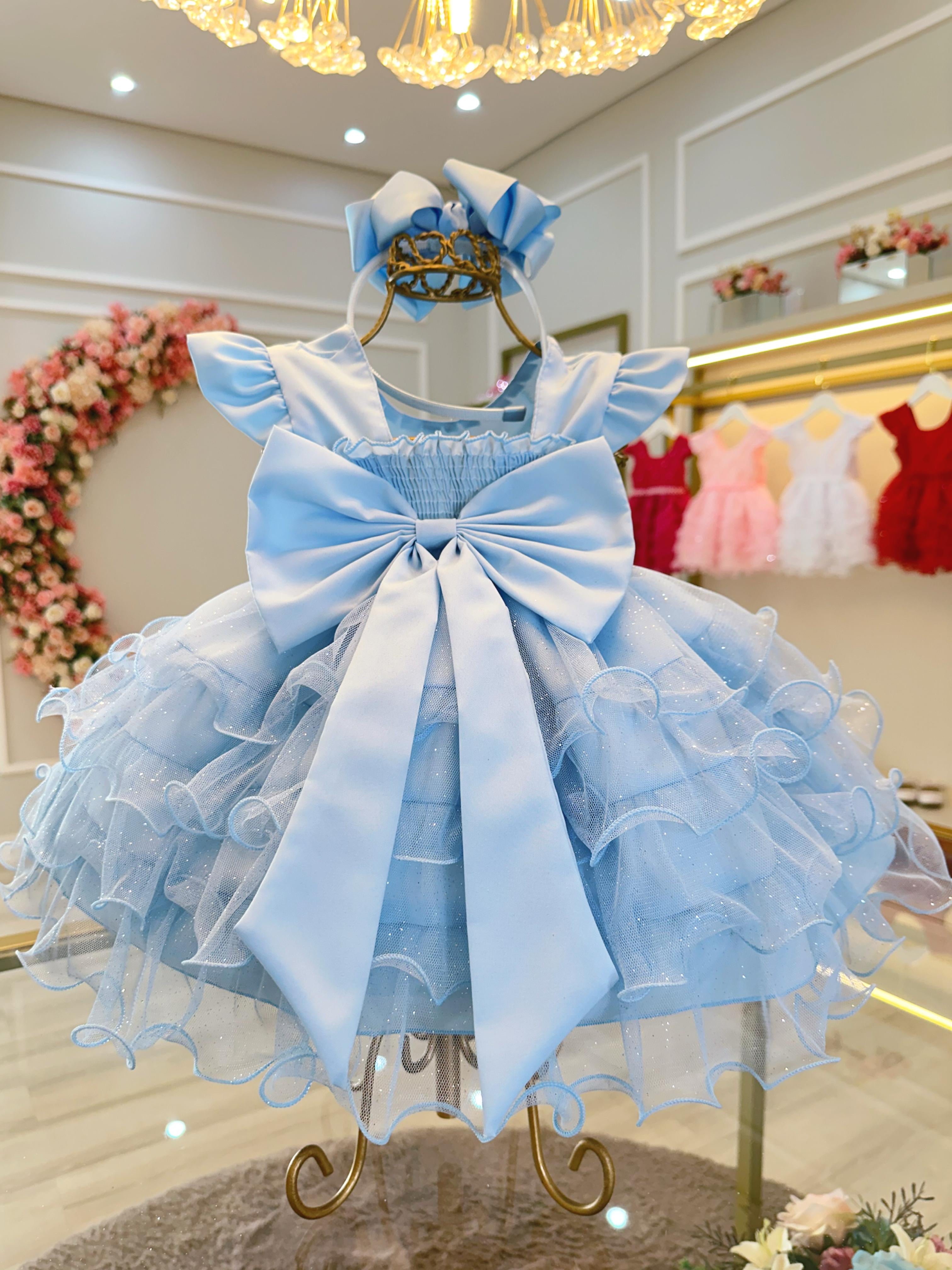 Vestido Infantil Batizado Azul Claro Saia Com Babados Luxo