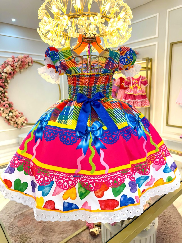 Vestido Infantil Junino Xadrez Colorido Super Luxo