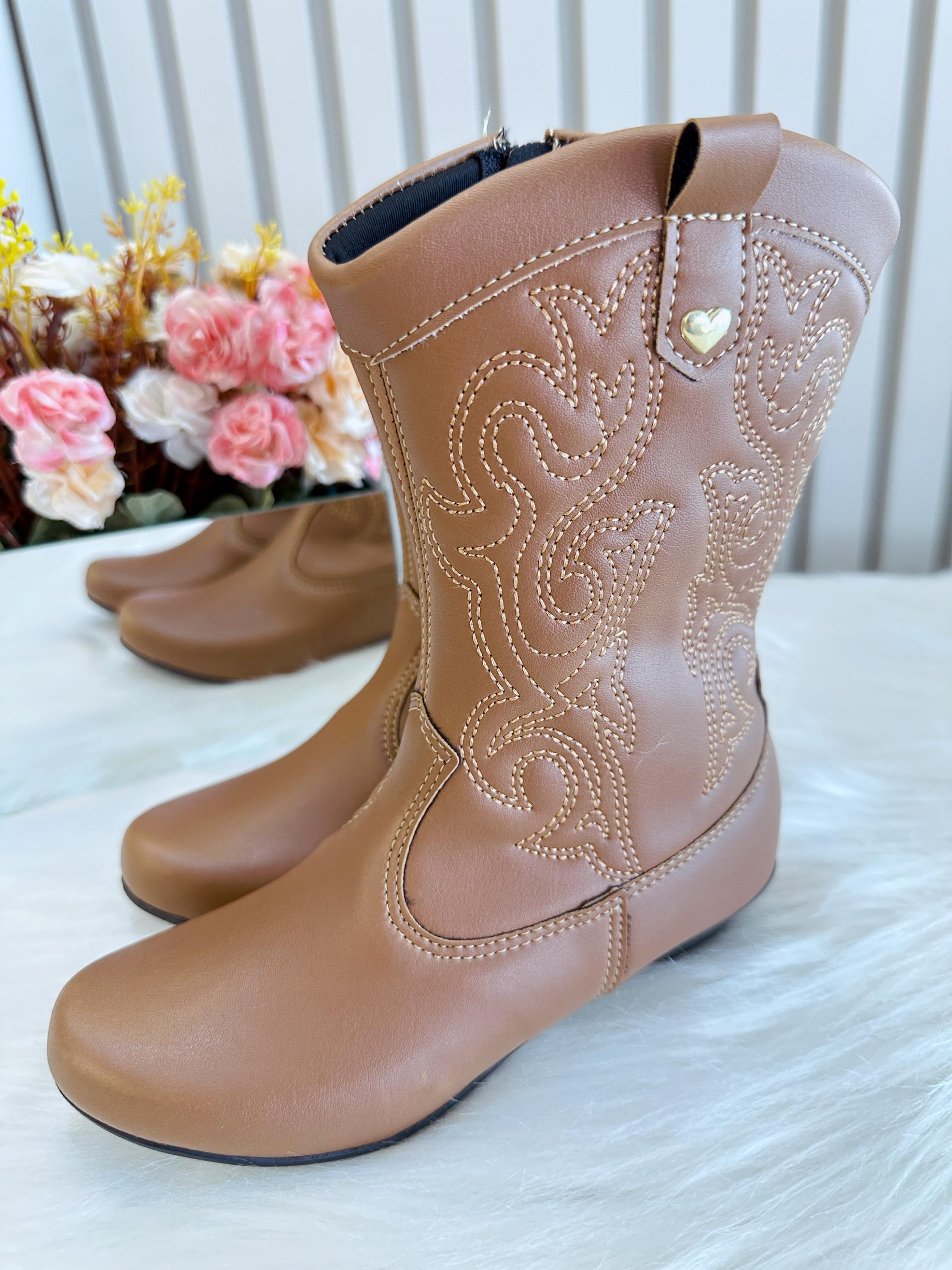 Bota infantil Boiadeira Texana Caramelo Com Zíper e Salto