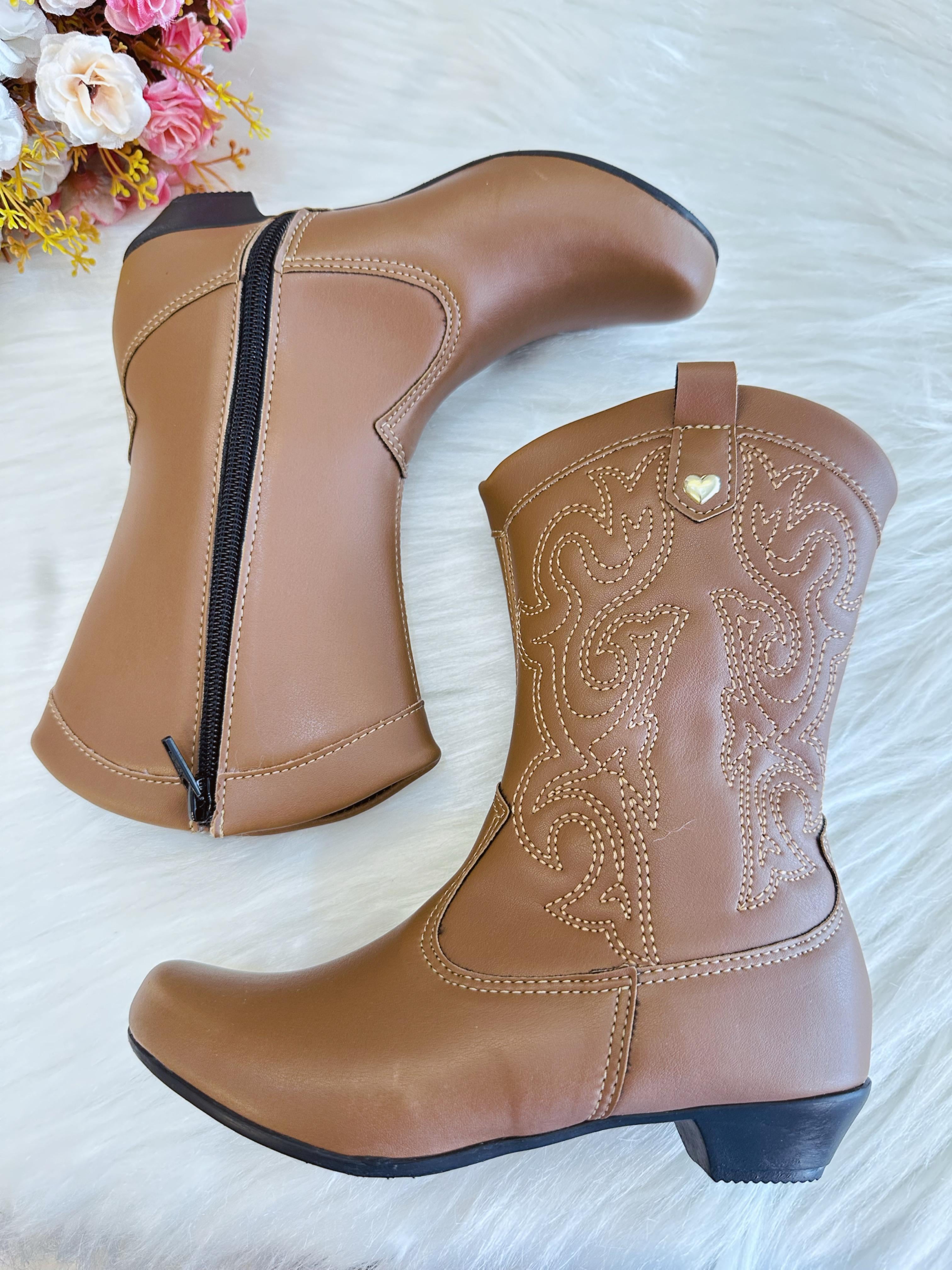 Bota infantil Boiadeira Texana Caramelo Com Zíper e Salto