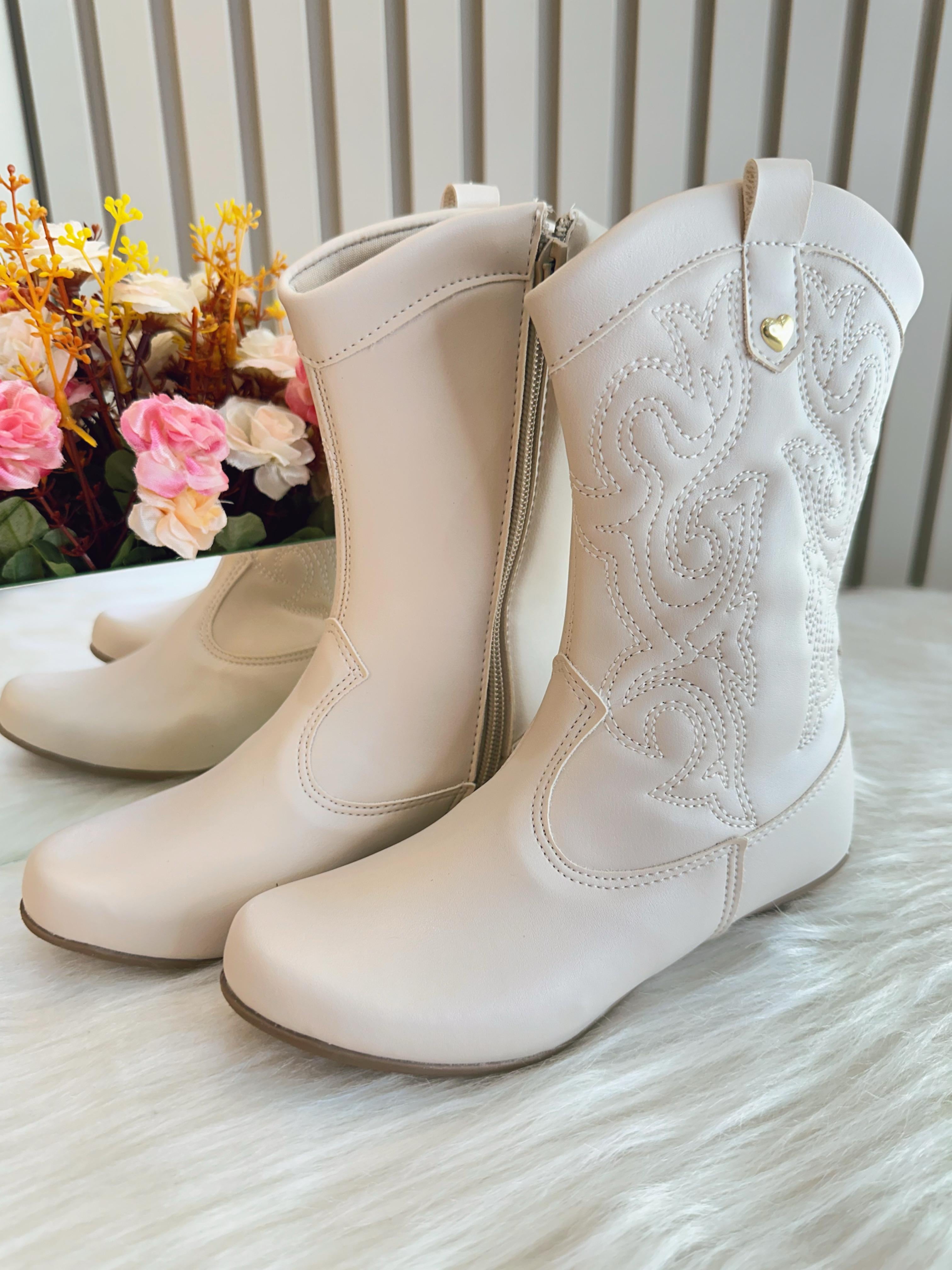 Bota infantil Boiadeira Texana Off White Com Zíper e Salto