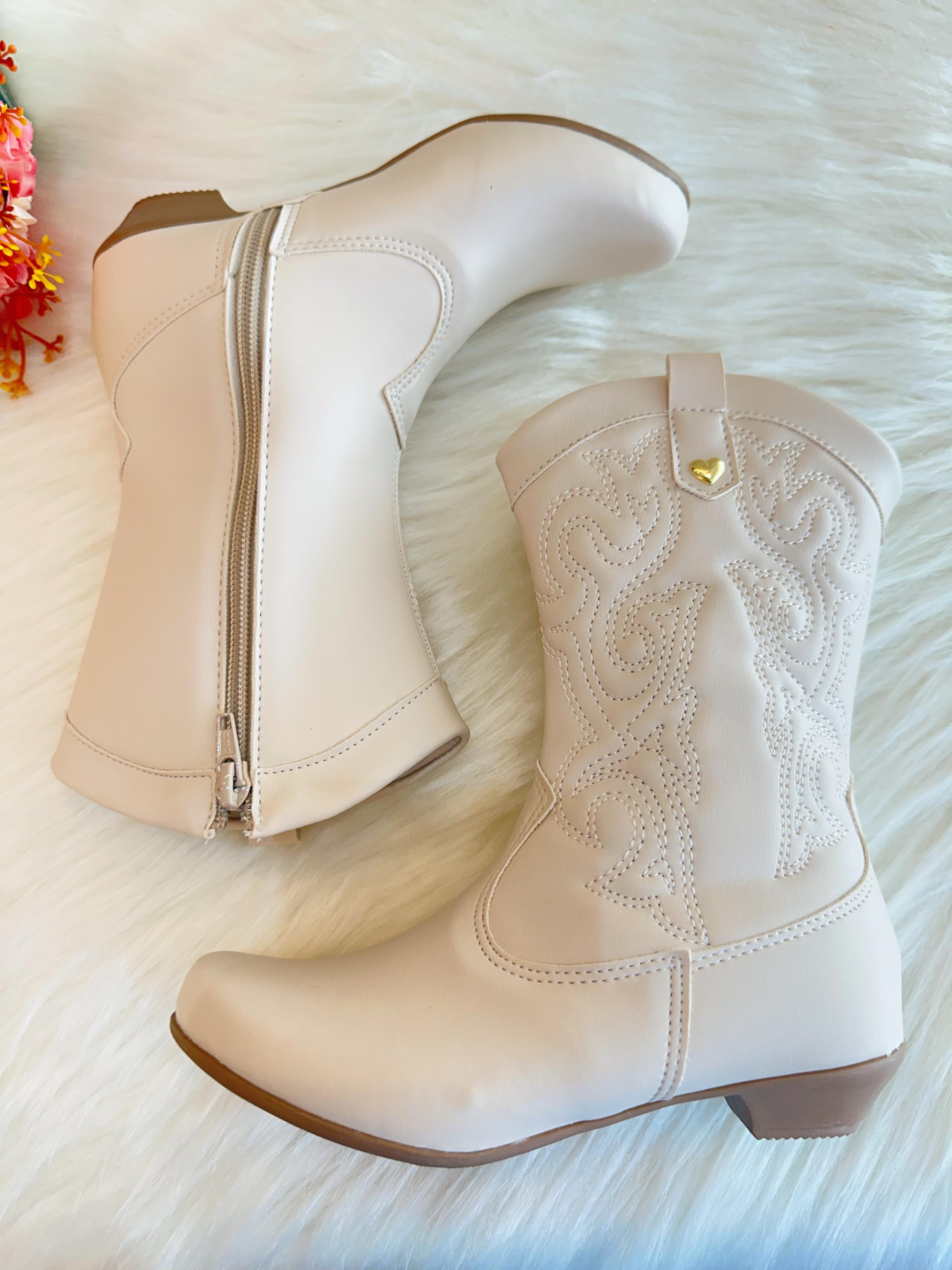 Bota infantil Boiadeira Texana Off White Com Zíper e Salto
