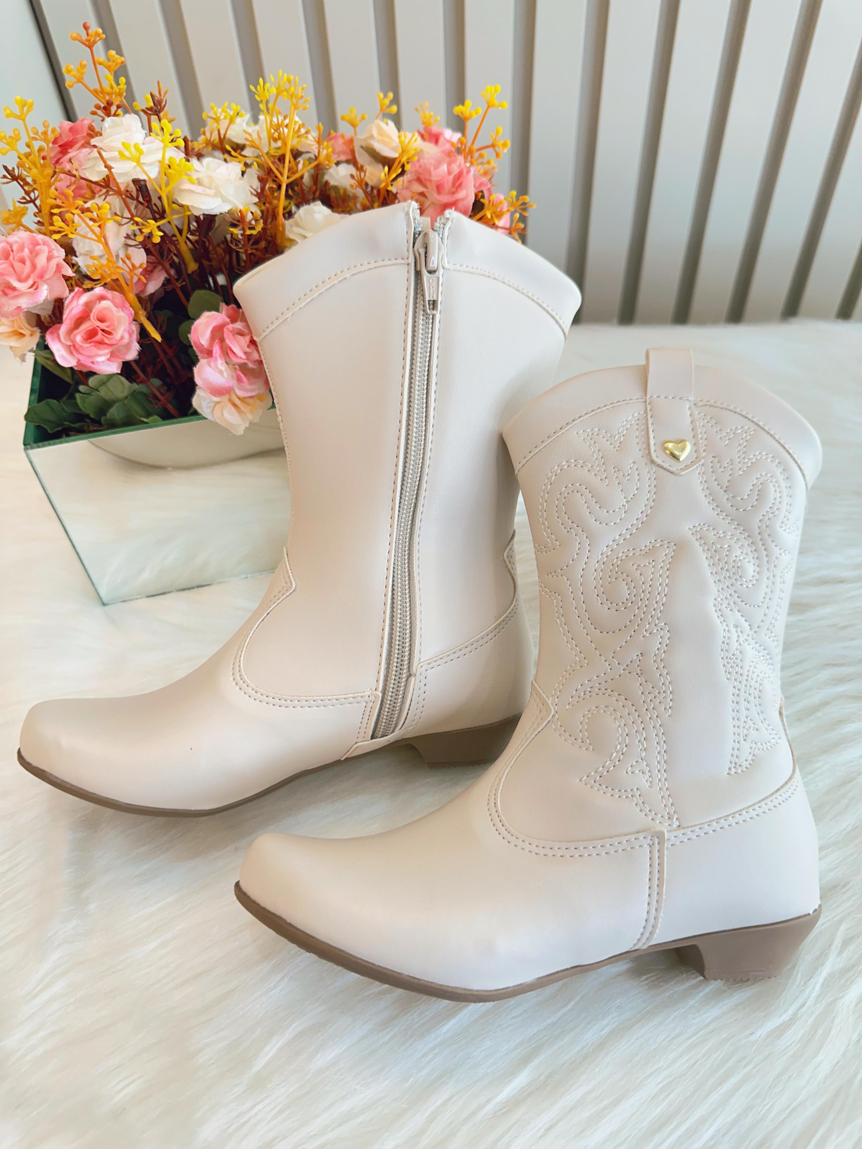 Bota infantil Boiadeira Texana Off White Com Zíper e Salto