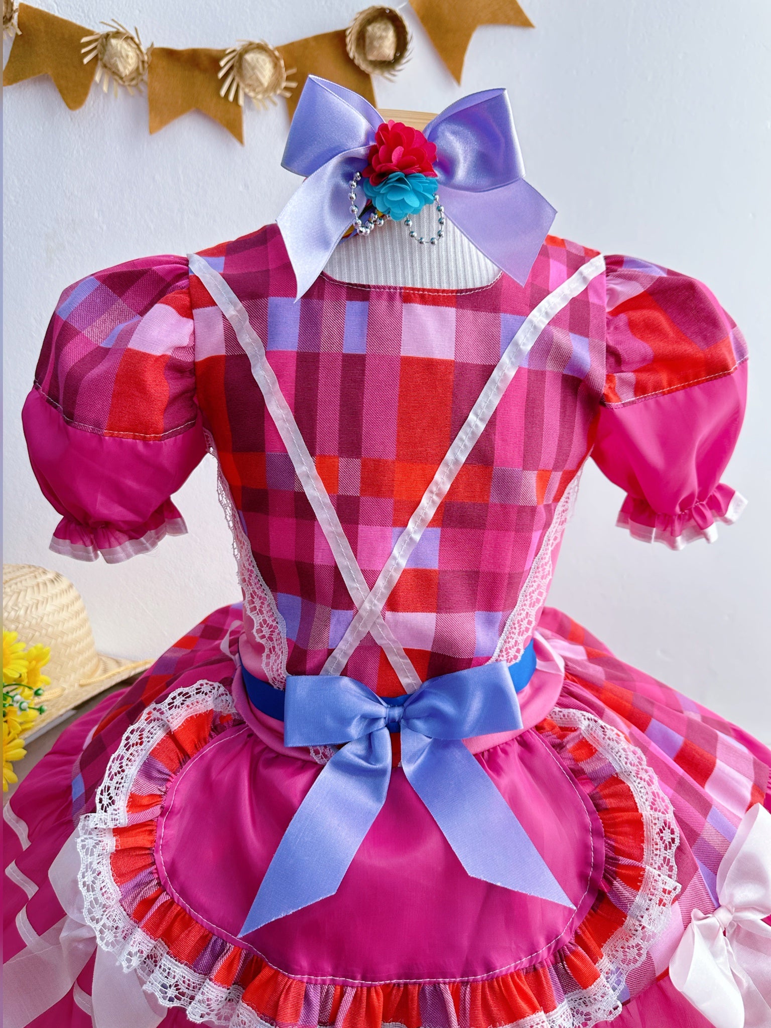 Fantasia Infantil Junino Rosa e Xadrez Pink Colorido