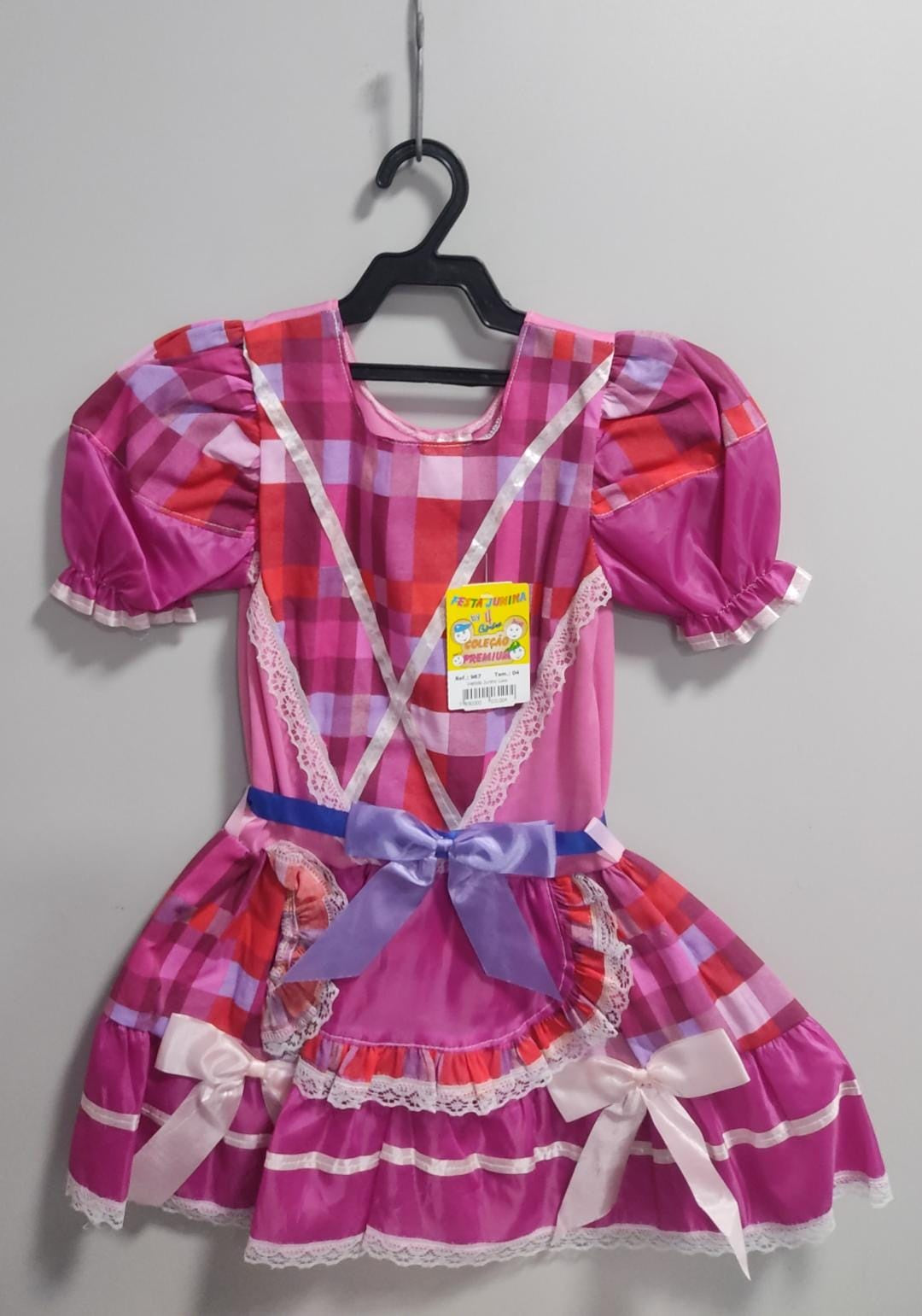 Fantasia Infantil Junino Rosa e Xadrez Pink Colorido
