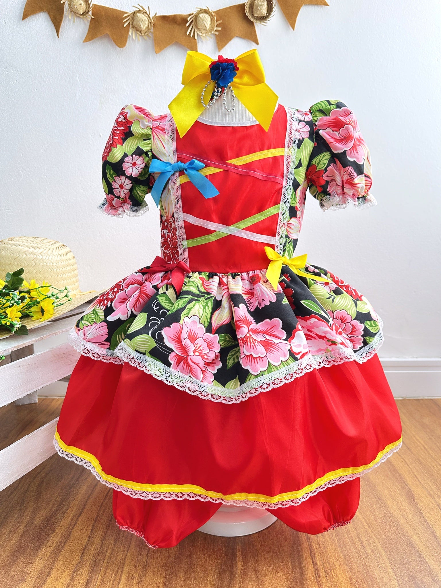 Fantasia Infantil Junino Festas Vermelho Florido