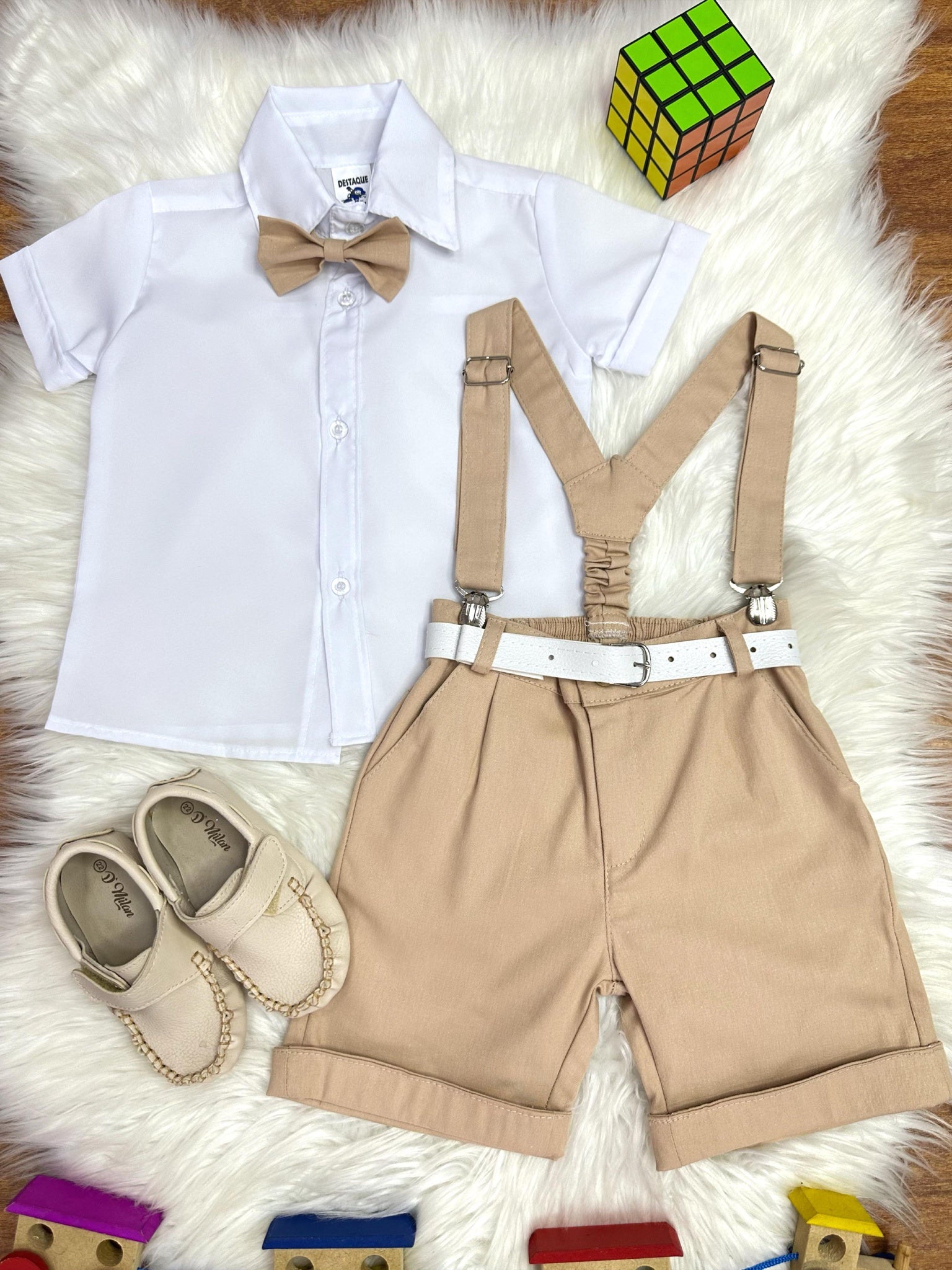 Conjunto Social Camisa Branca e Short Susp. Gravata Caqui