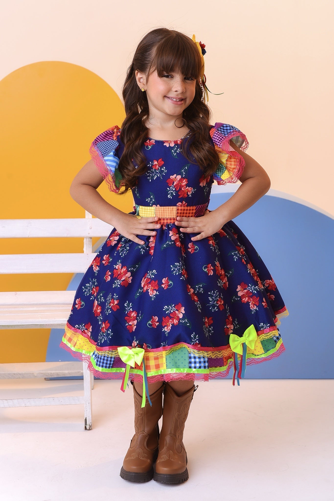 Vestido Infantil Luxo Junino Arraiá Azul Florido Colorido