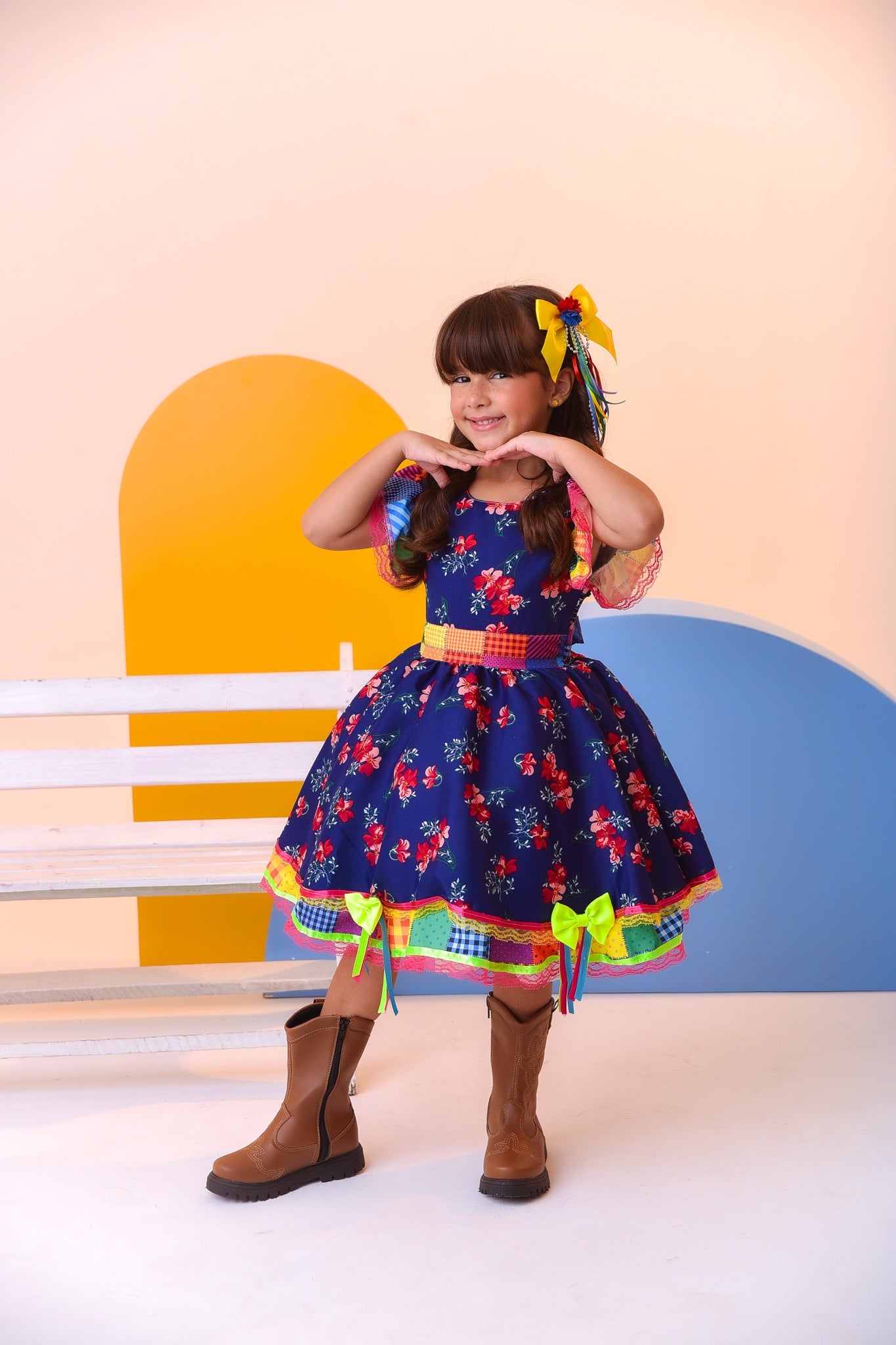 Vestido Infantil Luxo Junino Arraiá Azul Florido Colorido