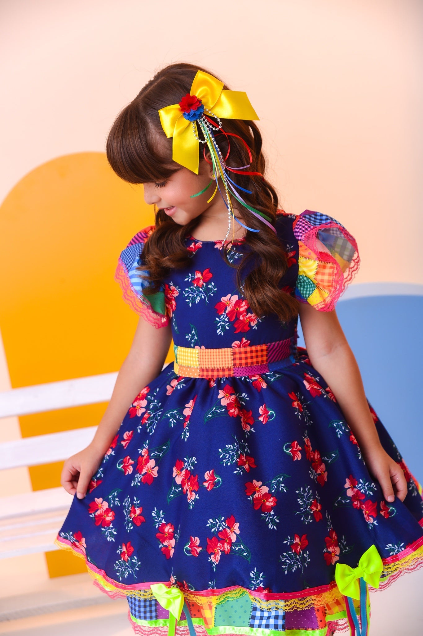 Vestido Infantil Luxo Junino Arraiá Azul Florido Colorido