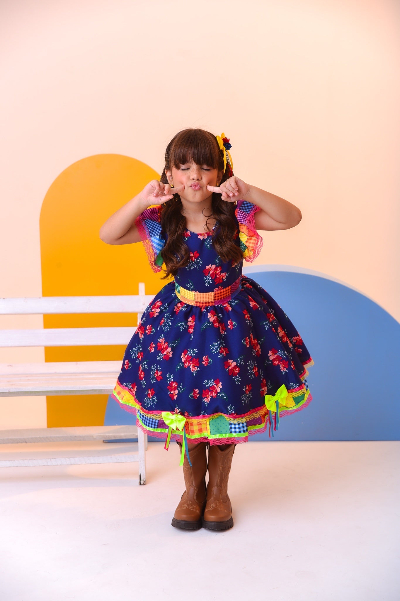 Vestido Infantil Luxo Junino Arraiá Azul Florido Colorido