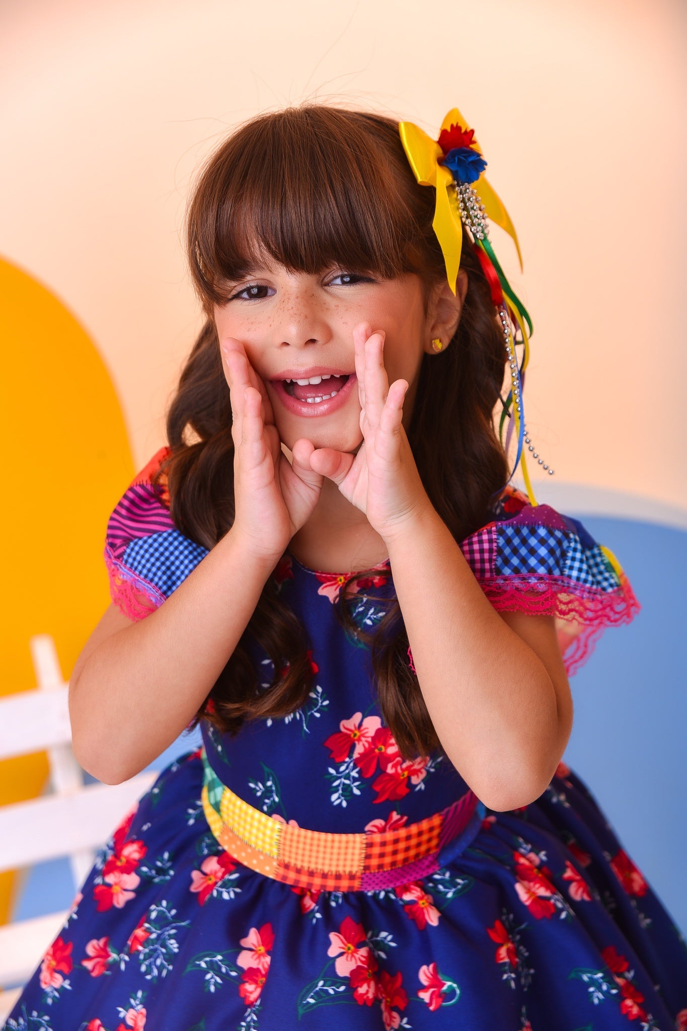 Vestido Infantil Luxo Junino Arraiá Azul Florido Colorido