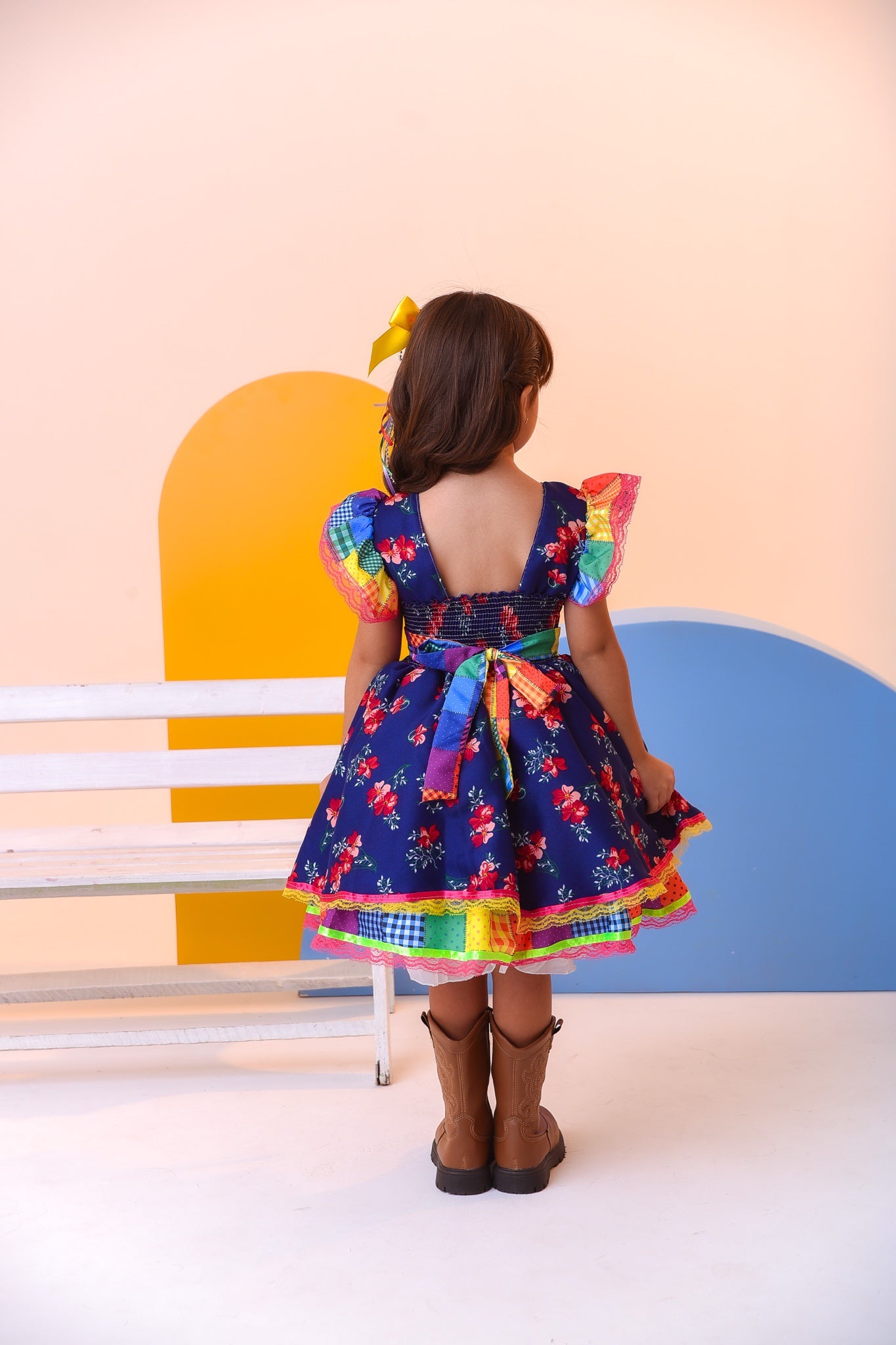 Vestido Infantil Luxo Junino Arraiá Azul Florido Colorido