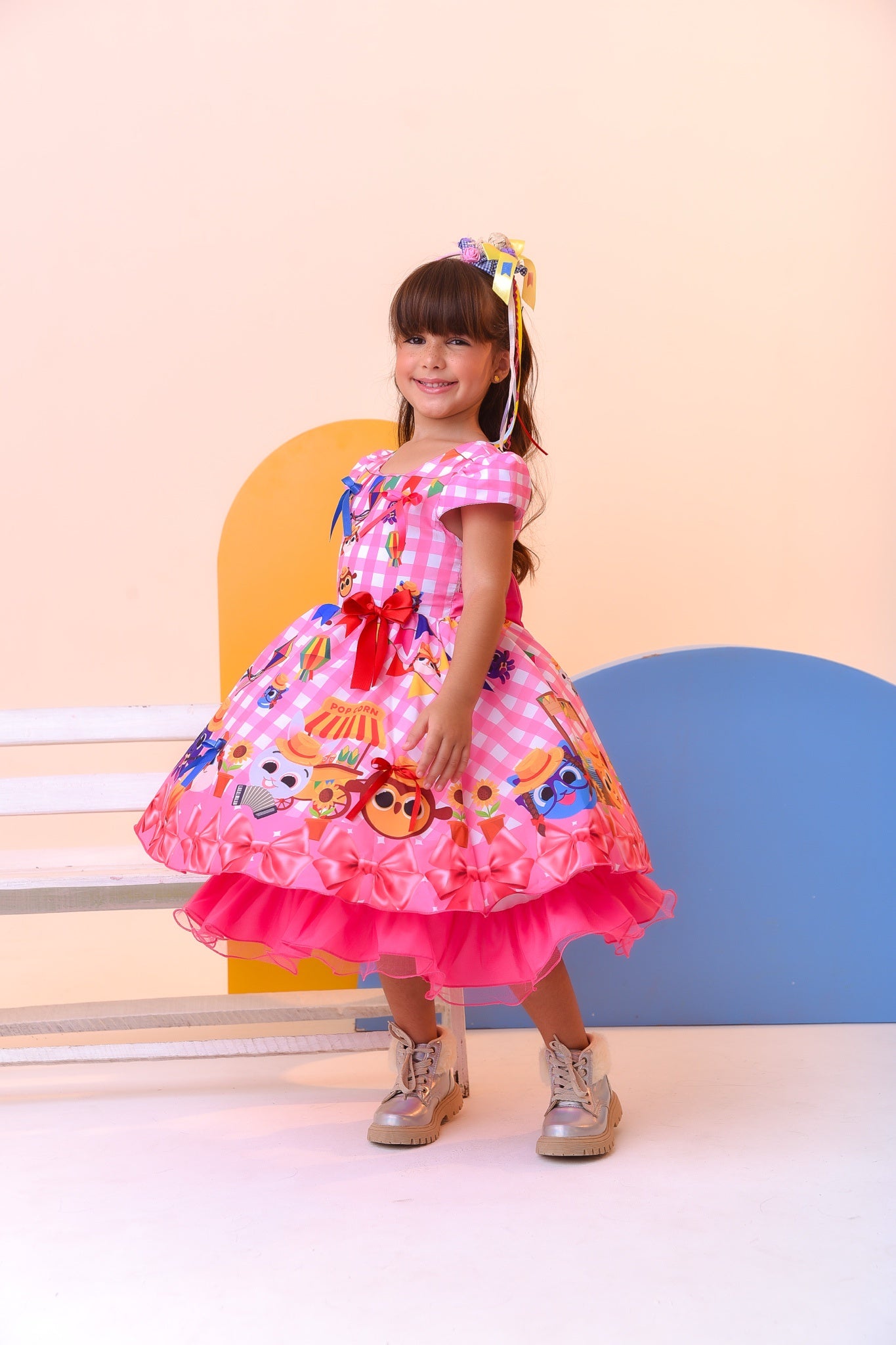 Vestido Infantil Junino Luxo Rosa Xadrez Bolofofos