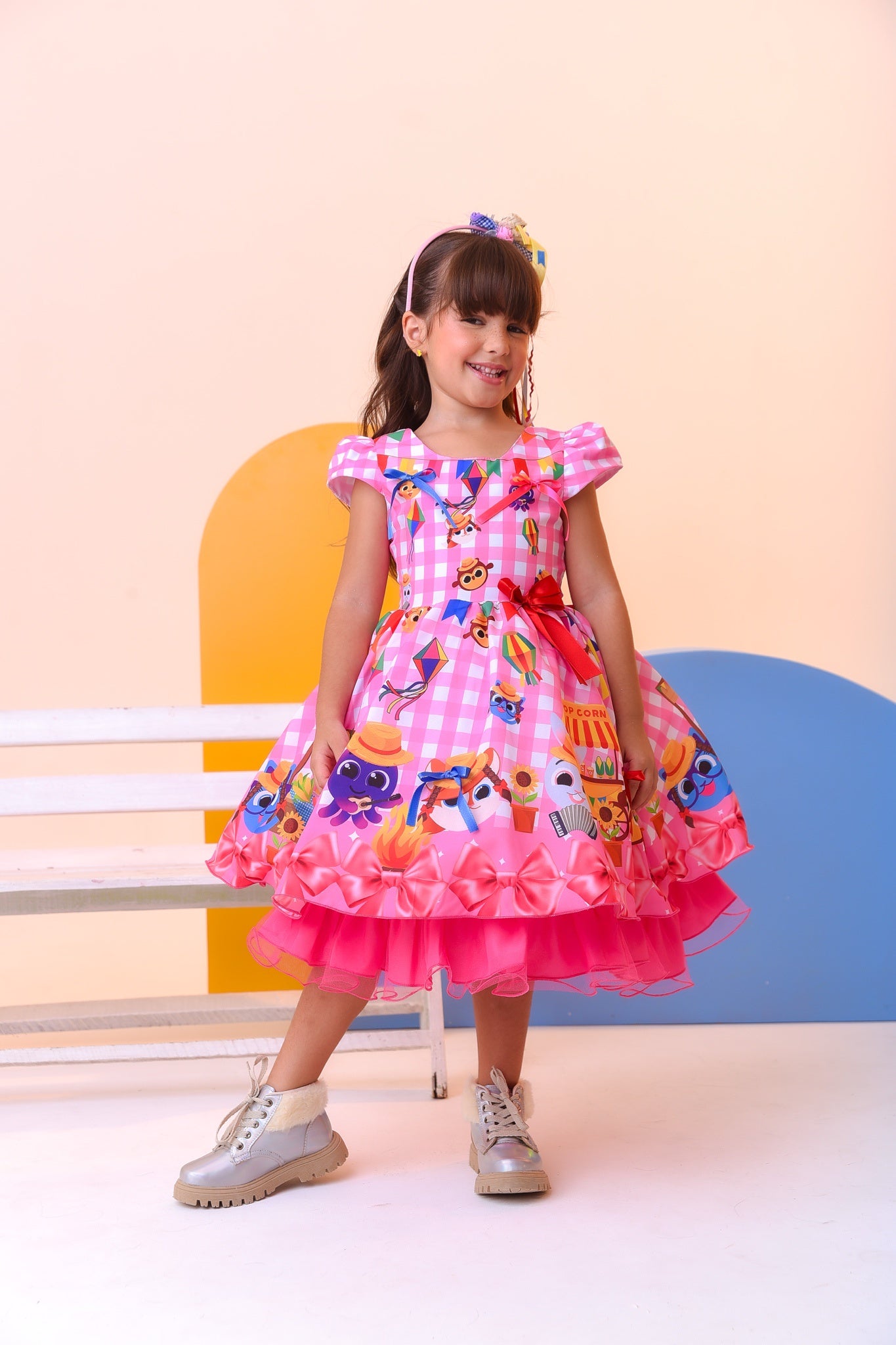 Vestido Infantil Junino Luxo Rosa Xadrez Bolofofos
