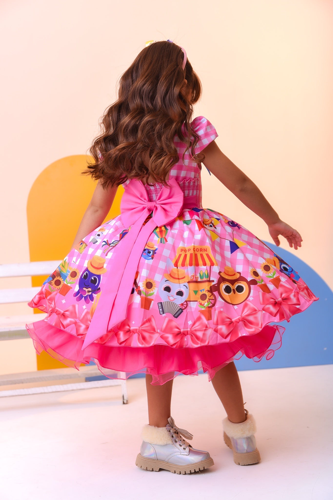 Vestido Infantil Junino Luxo Rosa Xadrez Bolofofos
