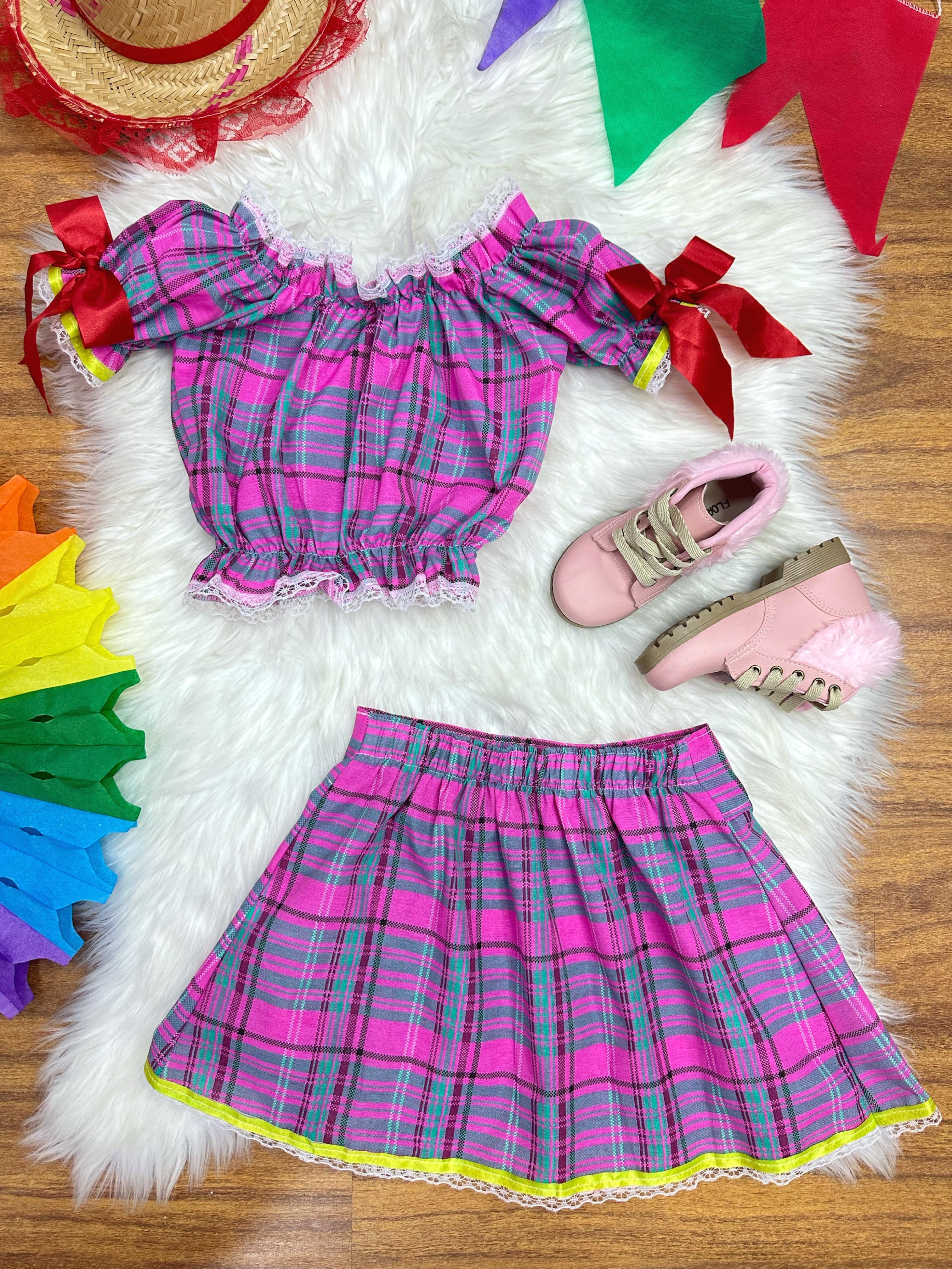 Conjunto Infantil Junino Ciganinha Rosa Chiclete Xadrez Colorido