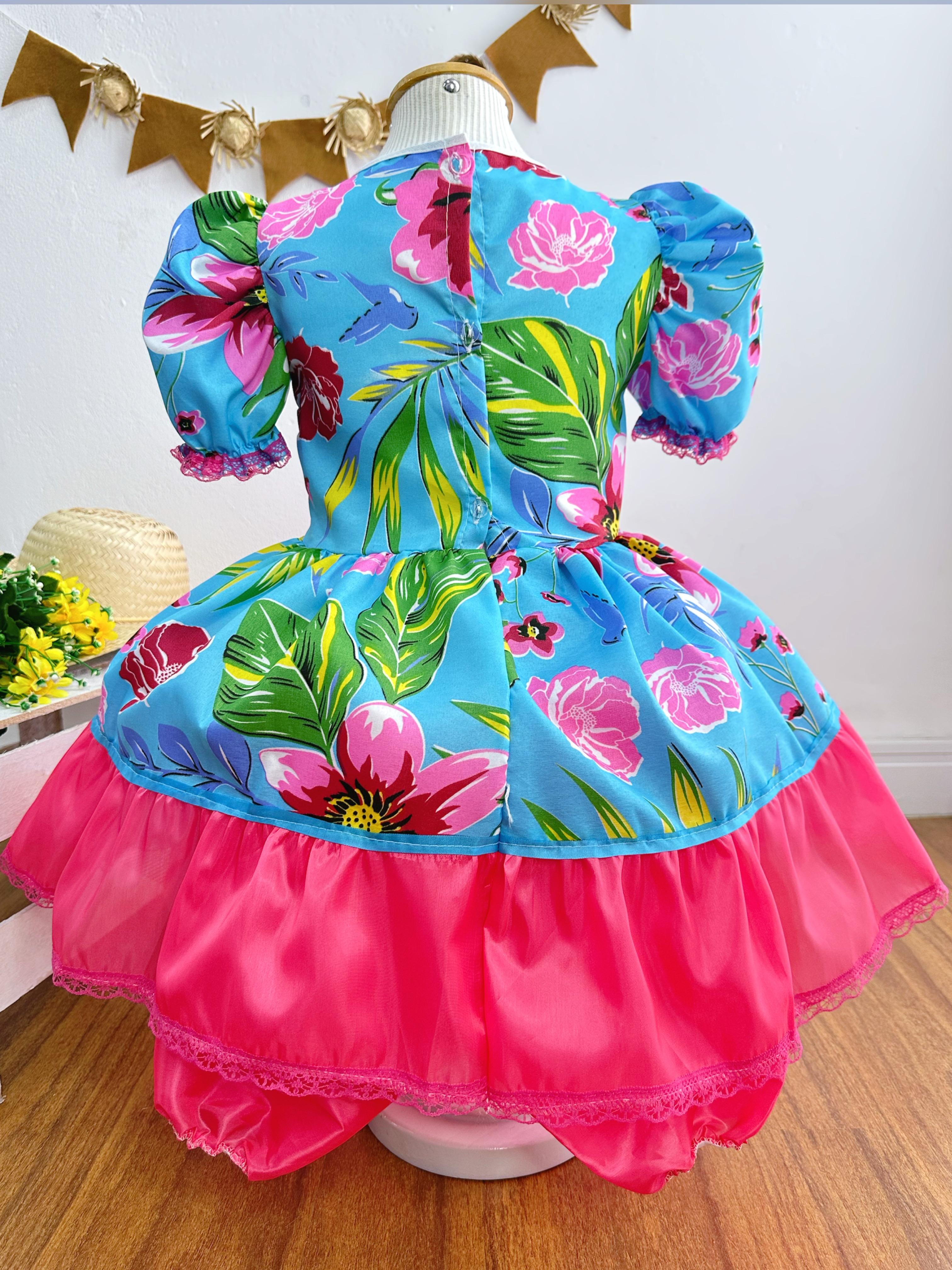 Fantasia Infantil Junino Festas Azul Florzinhas Coloridas