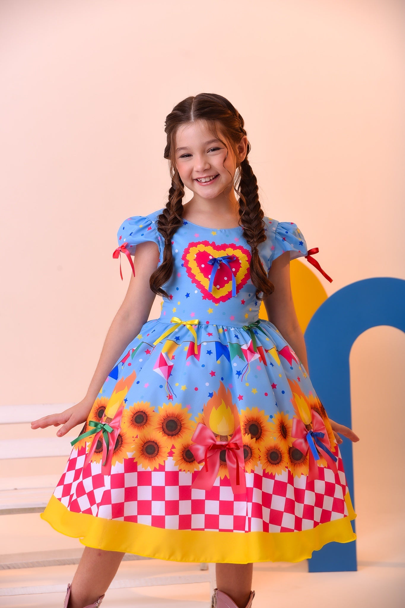 Vestido Infantil Junino Luxo Azul Girassol Colorido